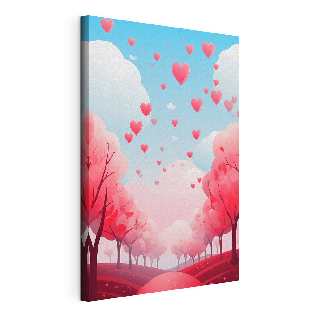 Pink trees with hearts flying in the sky Pink trees with hearts flying in the sky