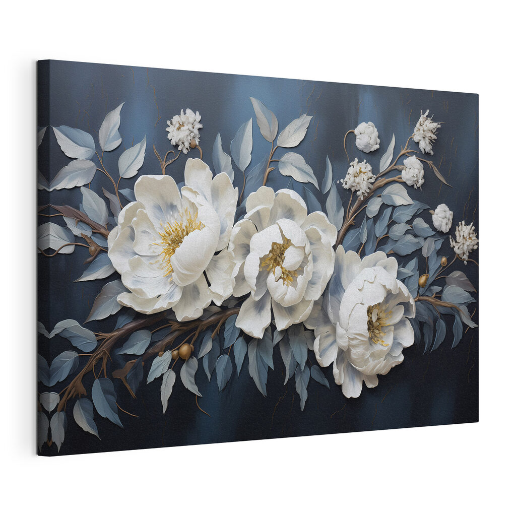 White flowers and leaves on a blue background