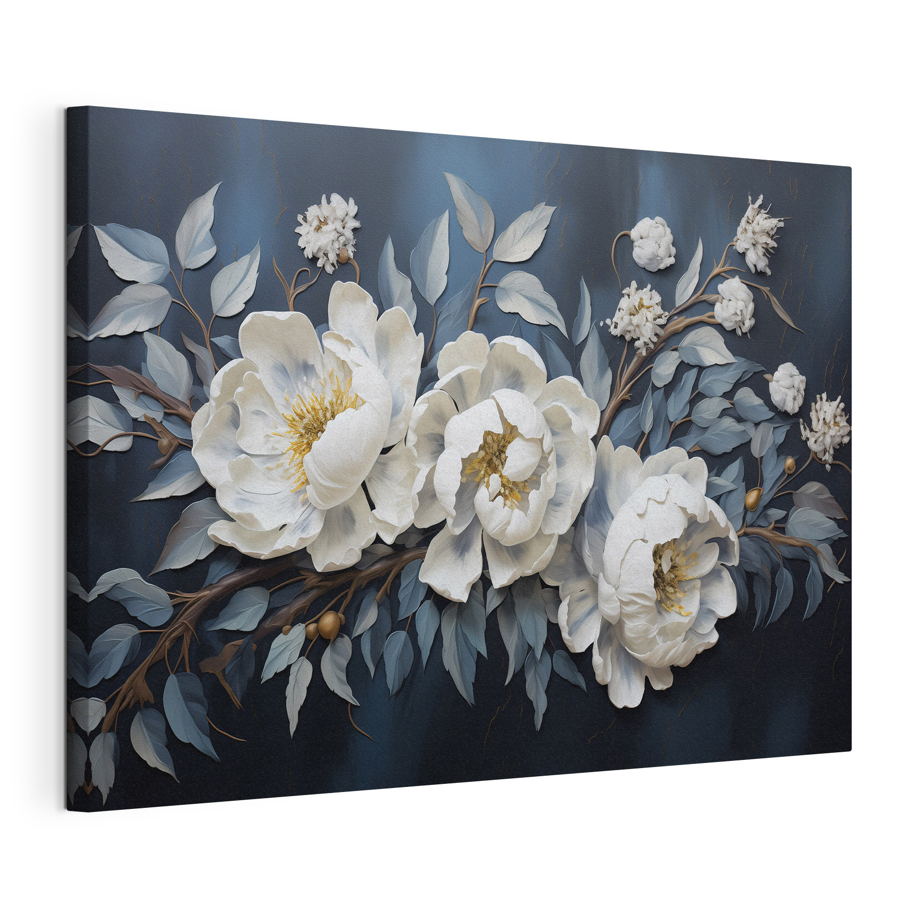 White flowers and leaves on a blue background