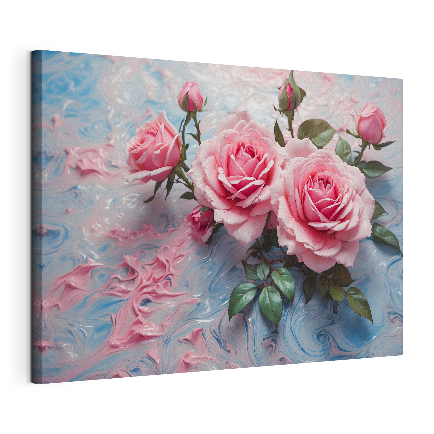Group of pink roses on a blue and white surface Group of pink roses on a blue and white surface