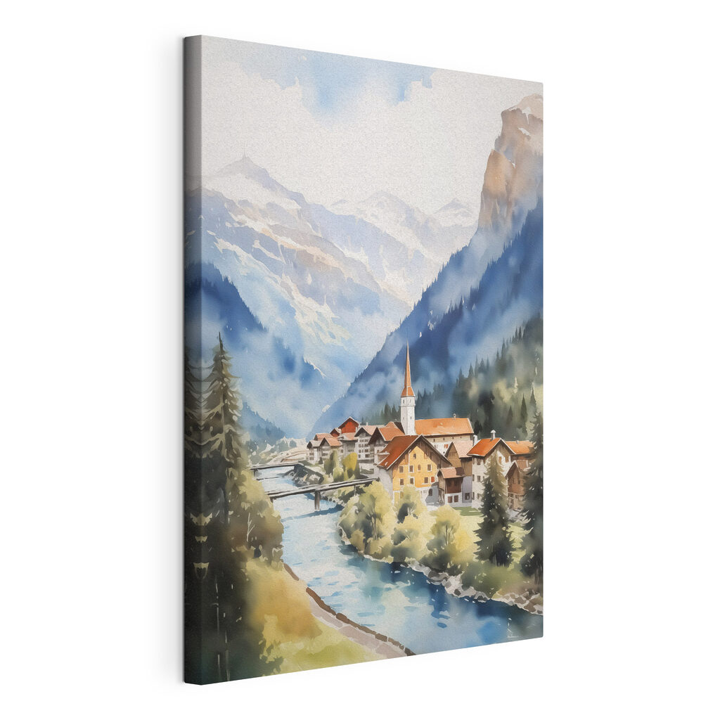 Watercolor painting of a village in the mountains