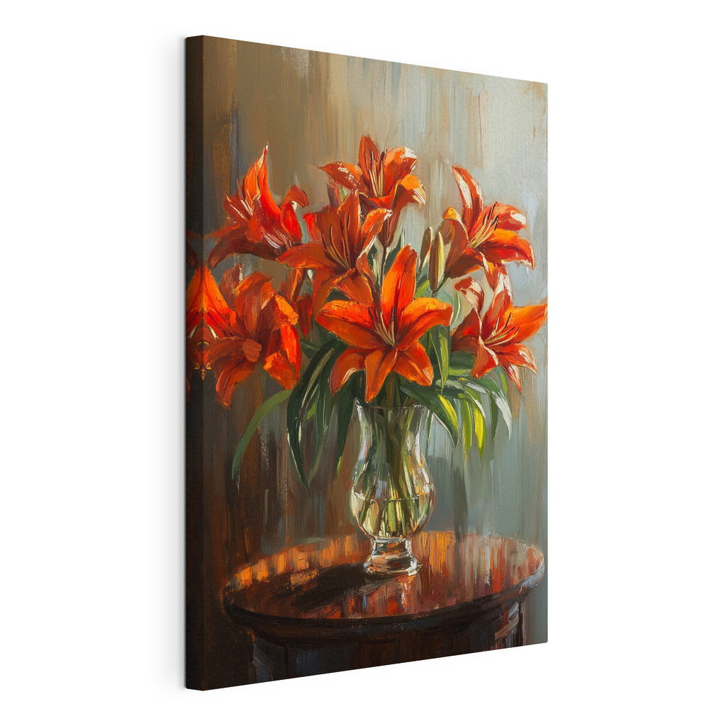 Painting of orange flowers in a glass vase Painting of orange flowers in a glass vase