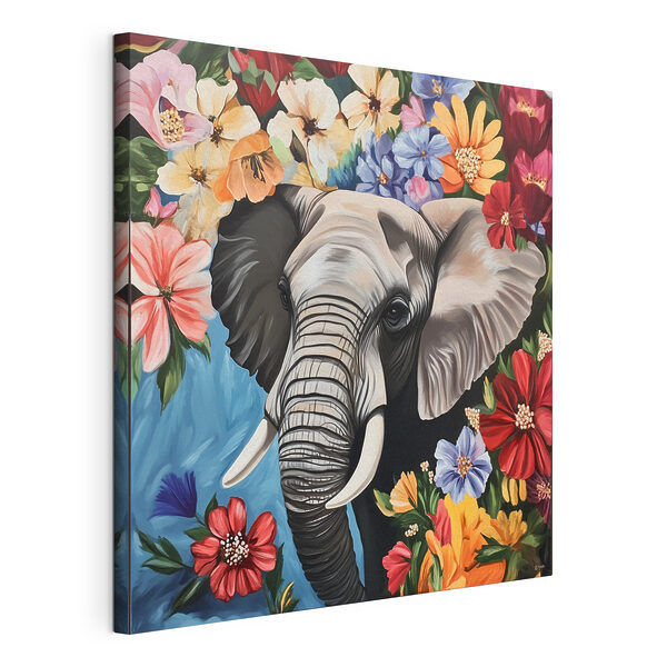 Cuadros Cuadros Un elefante con colmillos en un jardín de flores (SKU: s42990)
