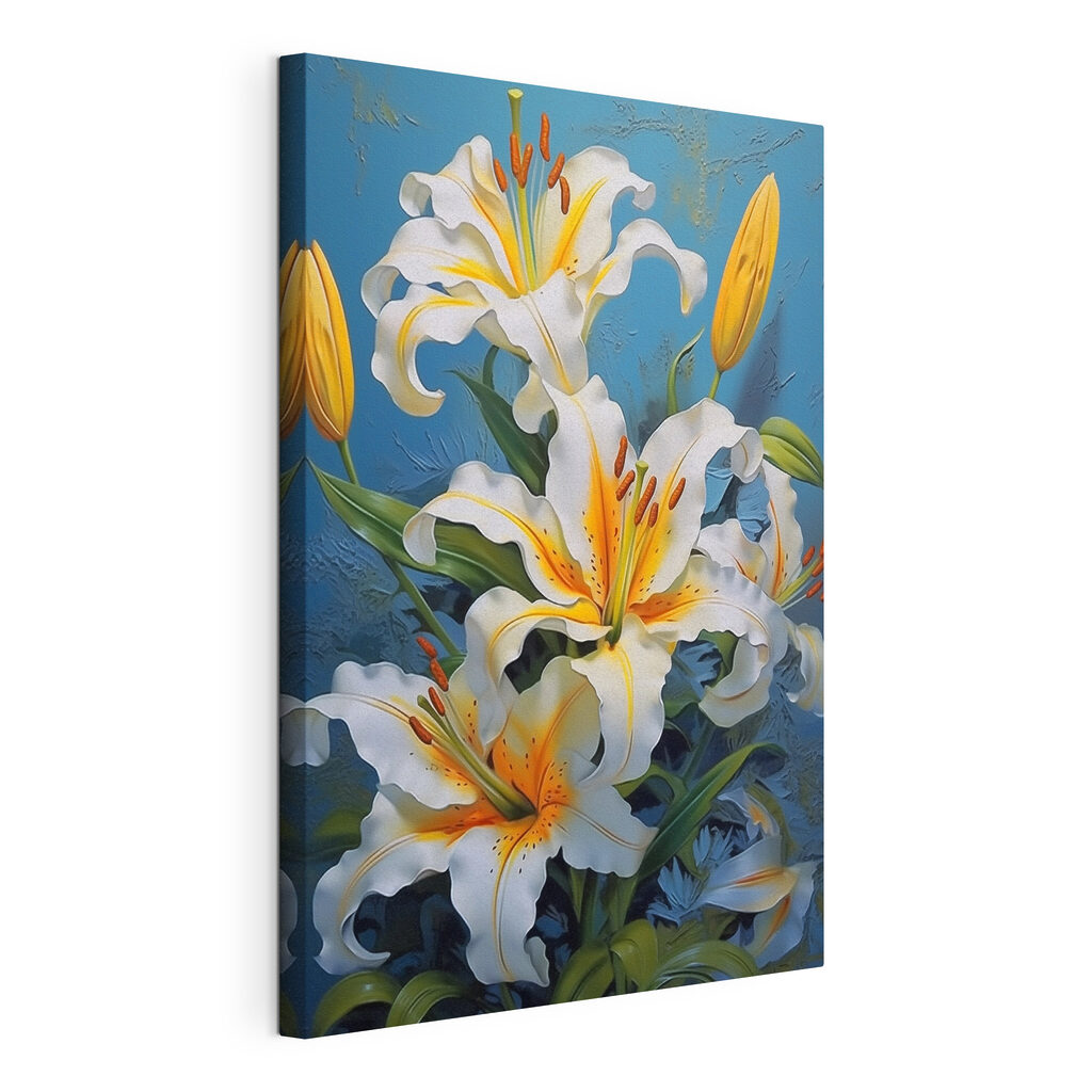 Vibrant lilies against a blue background