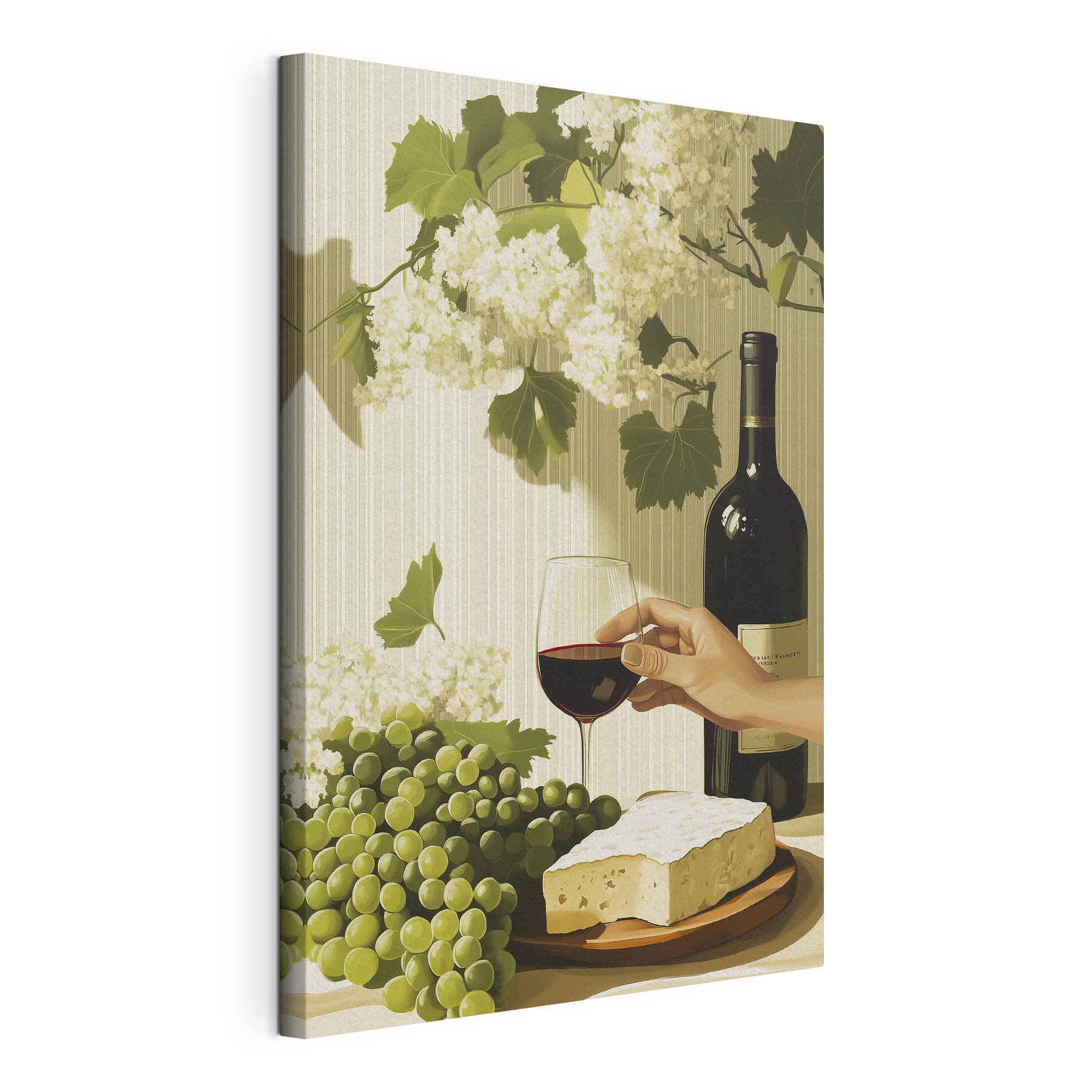 Hand holding a glass of wine next to a bottle of wine