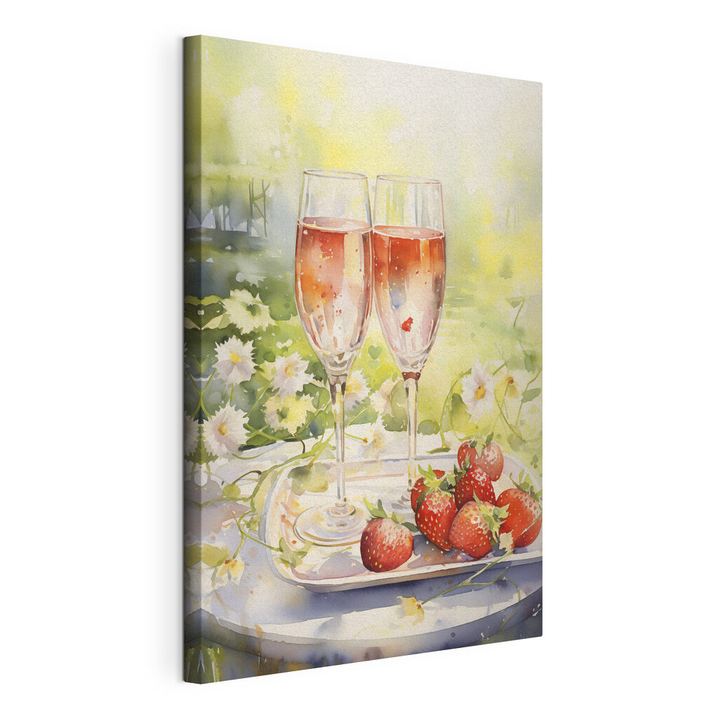 Watercolor painting of two glasses of champagne and strawberries on a tray Watercolor painting of two glasses of champagne and strawberries on a tray