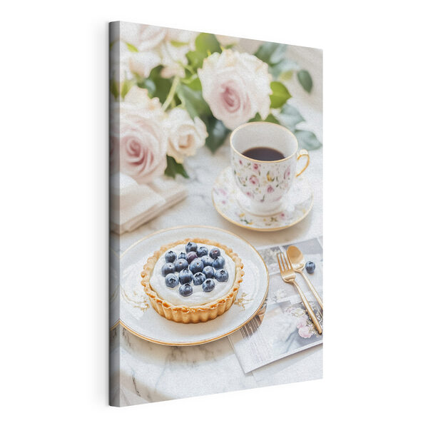 Cuadros Un postre en un plato, acompañado de una taza de café y unas flores (SKU: s43066) Cuadros Cuadros Un postre en un plato, acompañado de una taza de café y unas flores (SKU: s43066)