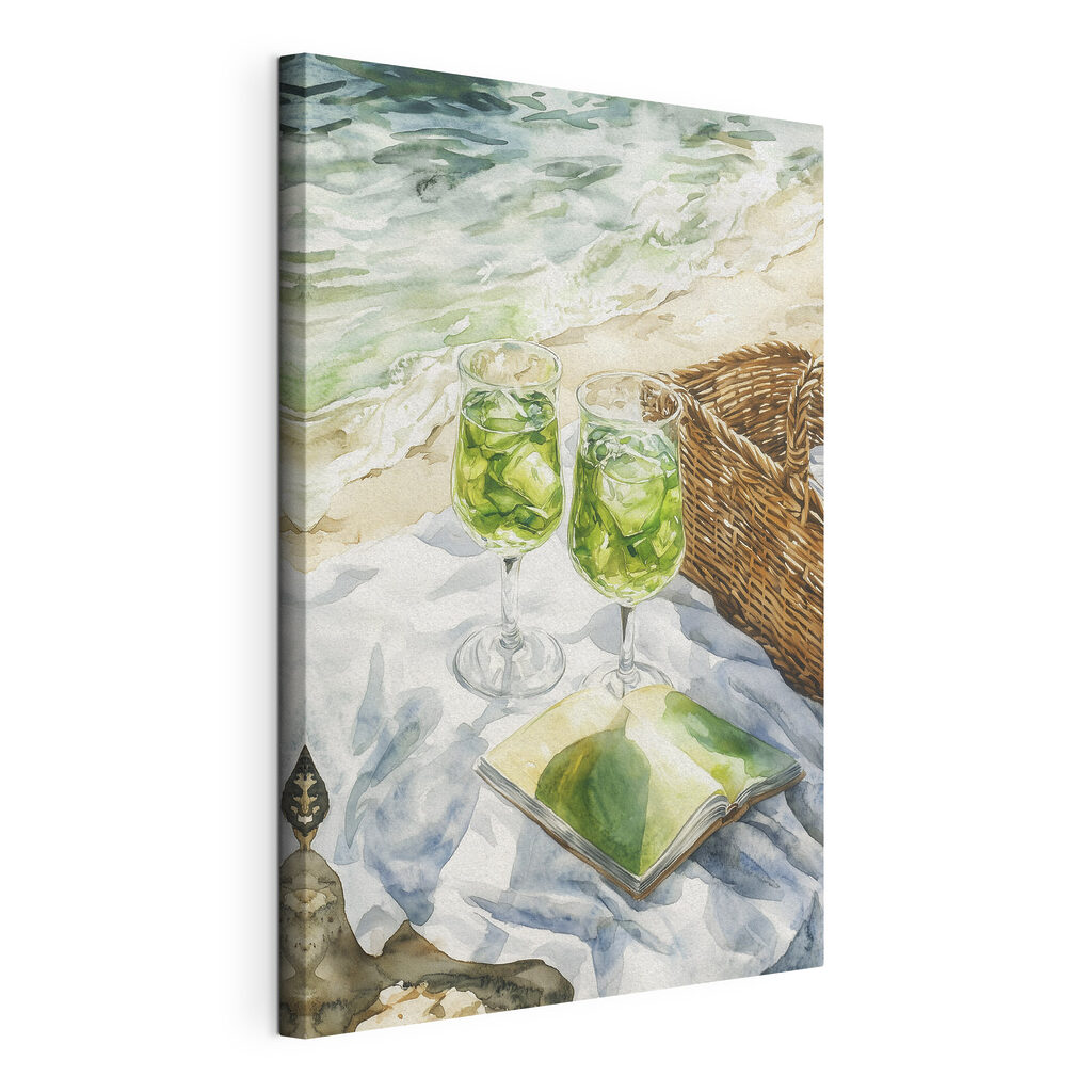 Watercolor of two glasses of wine next to a picnic basket and a book Watercolor of two glasses of wine next to a picnic basket and a book