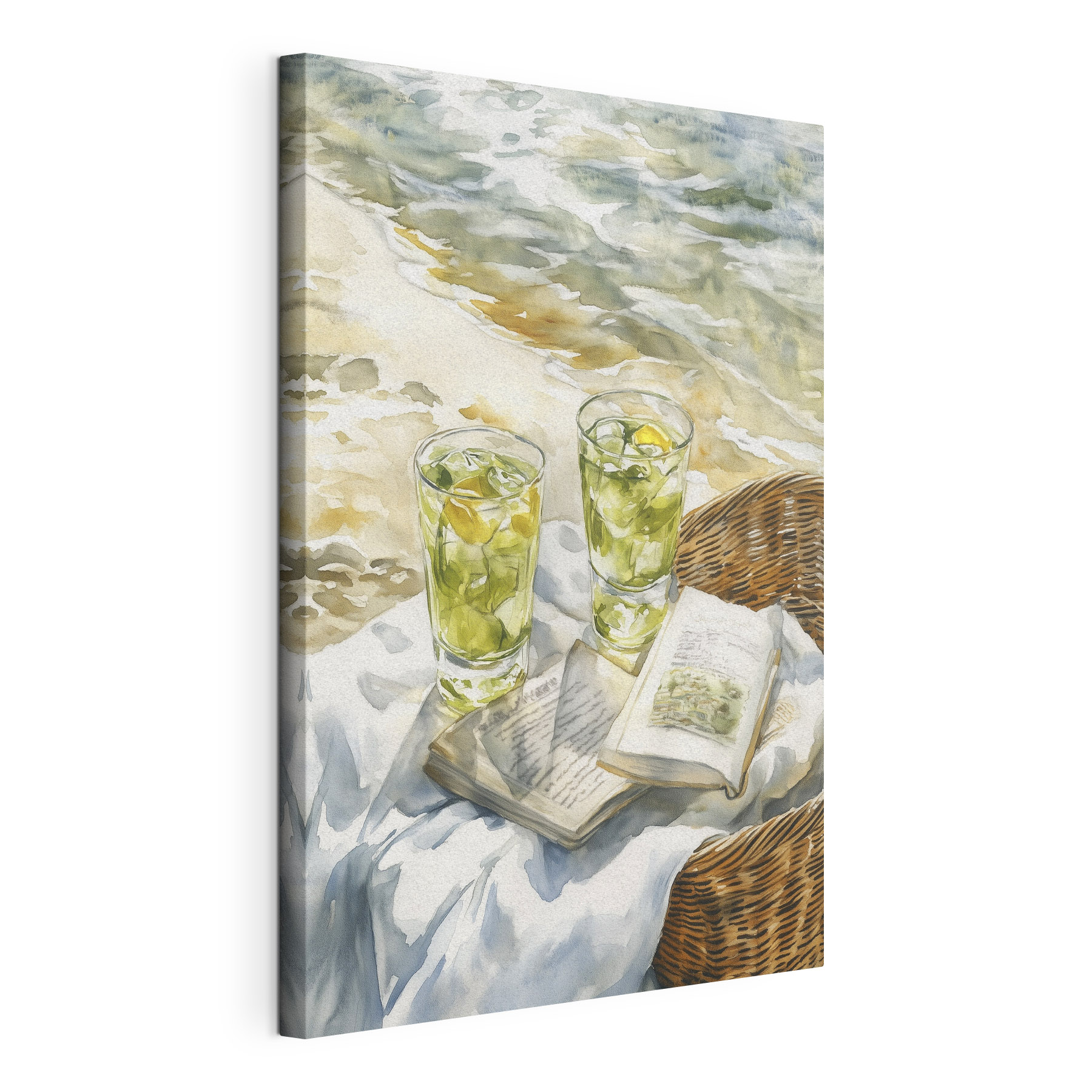 Watercolor painting of two glasses of ice tea and a book on a blanket on a beach Watercolor painting of two glasses of ice tea and a book on a blanket on a beach