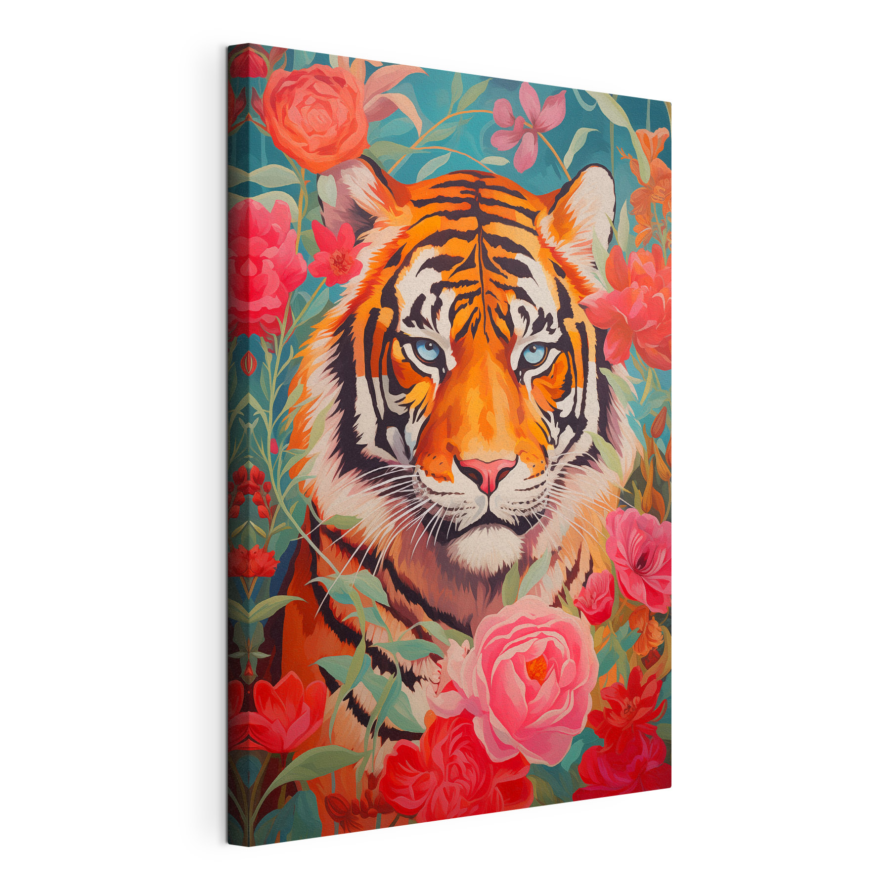 Painting of a tiger surrounded by flowers Painting of a tiger surrounded by flowers