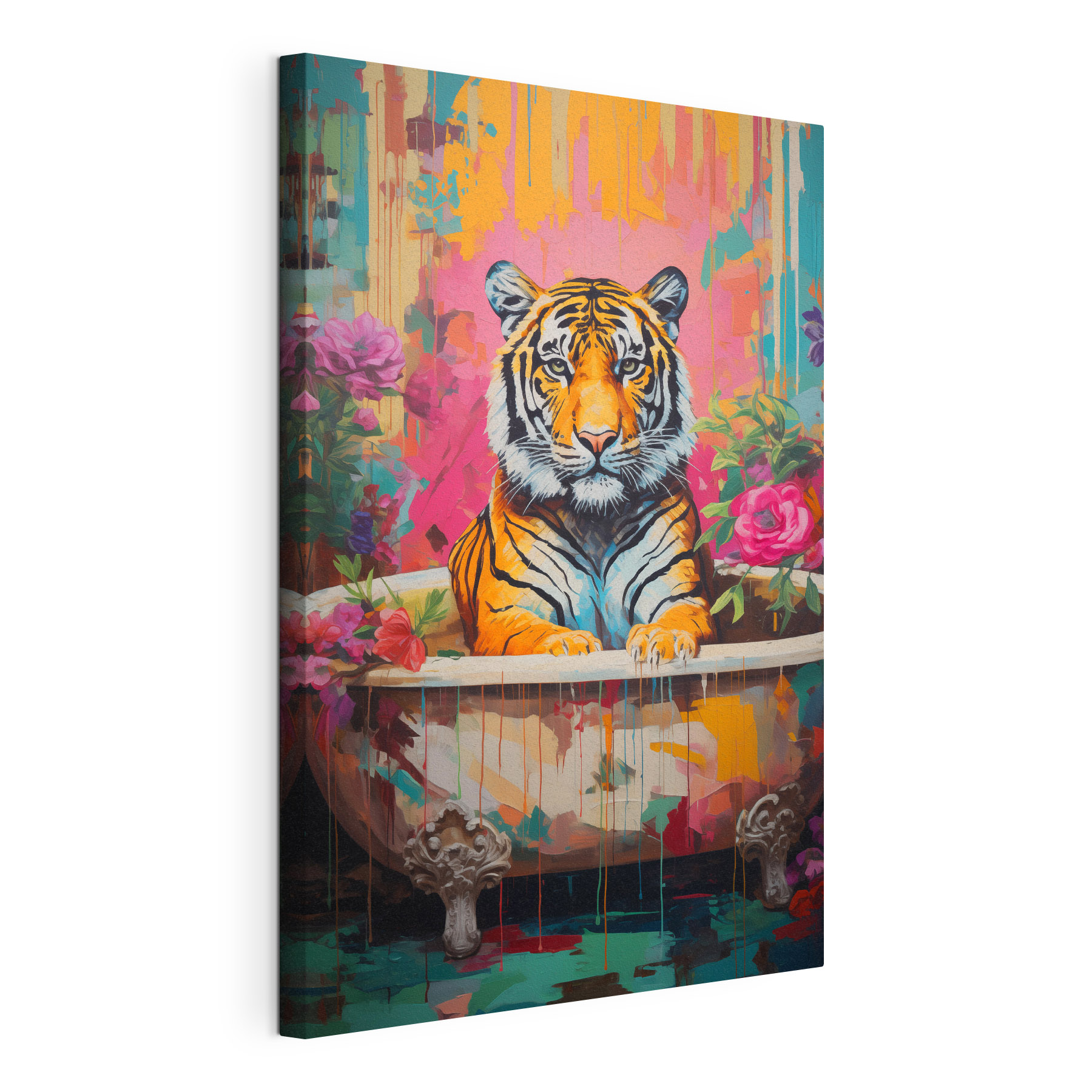 Painting of a tiger in a flowered tub Painting of a tiger in a flowered tub