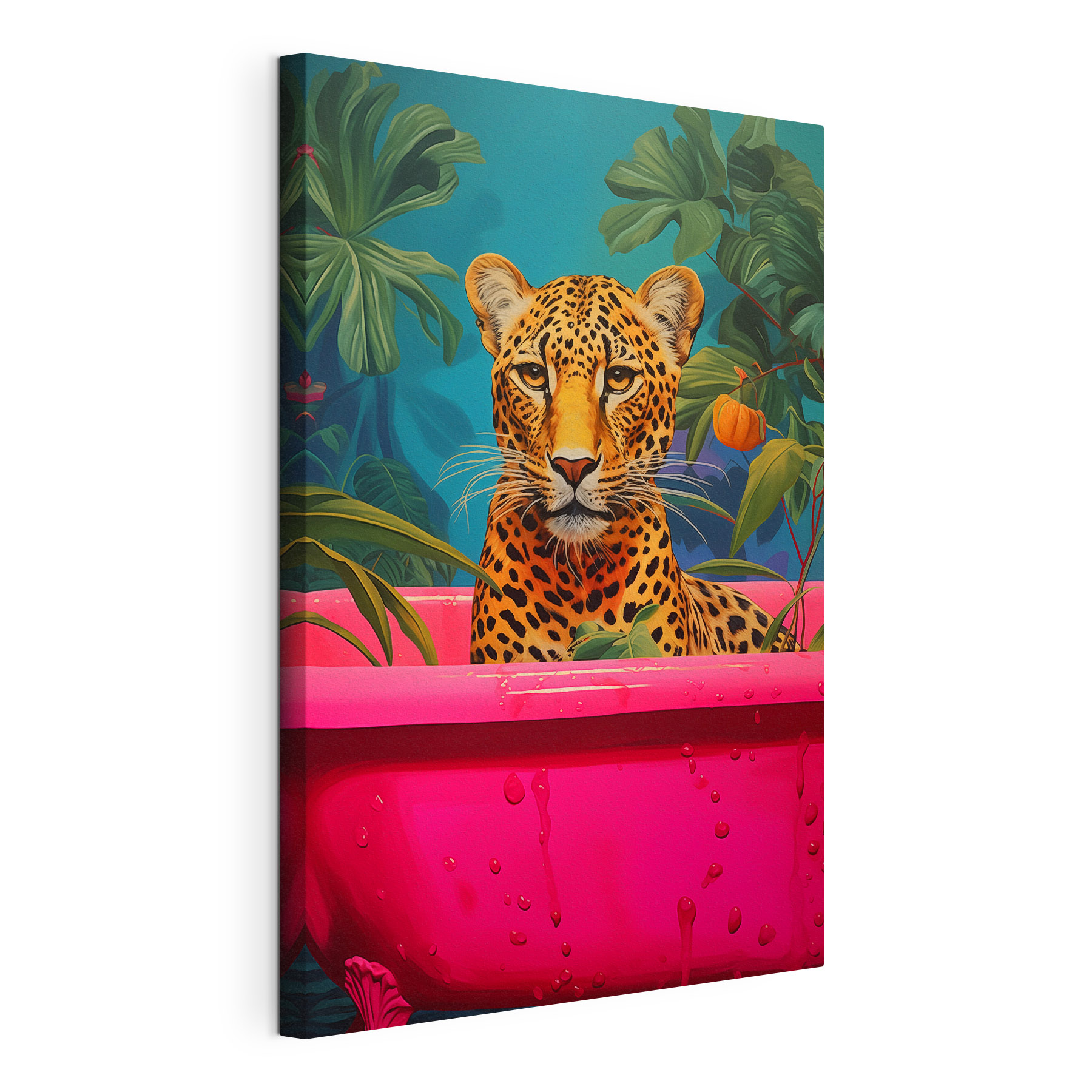 Cheetah in a pink tub with plants