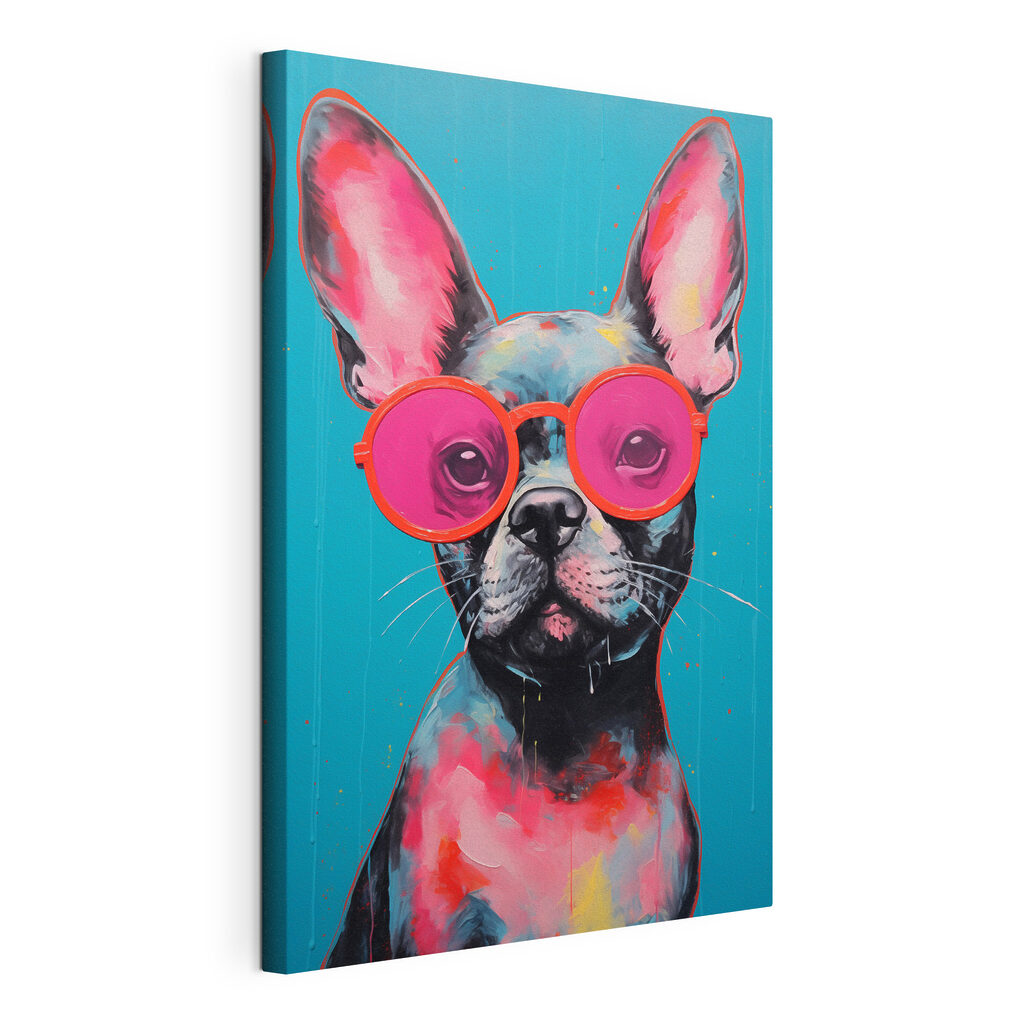 Painting of a dog wearing pink sunglasses