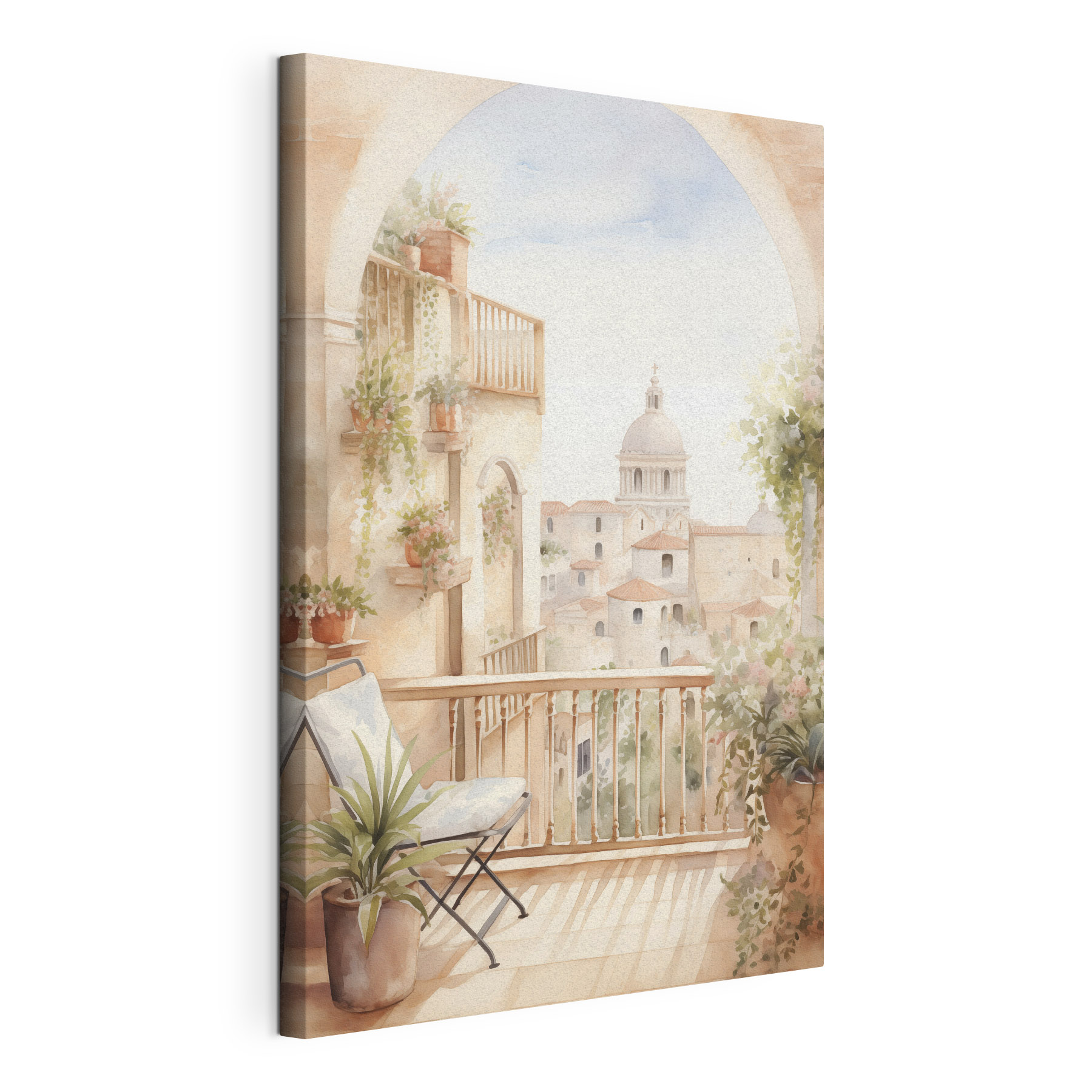 Watercolor painting of a balcony with a view of a city Watercolor painting of a balcony with a view of a city