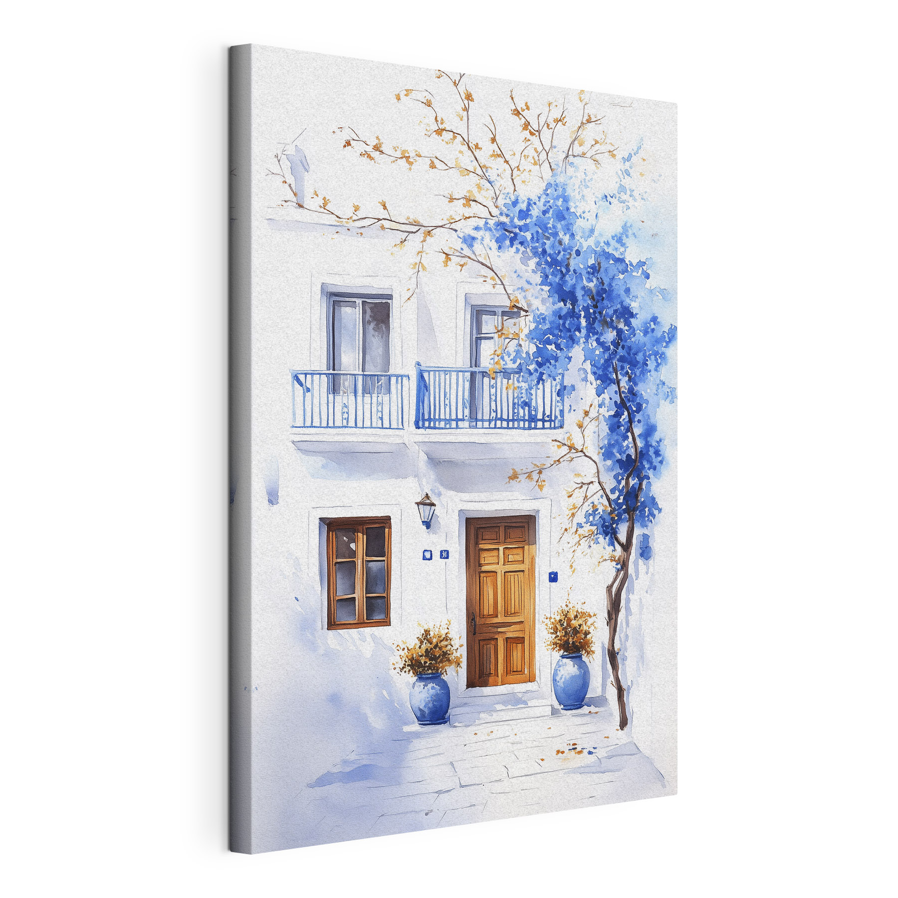 Watercolor painting of a building with a balcony and blue flowers Watercolor painting of a building with a balcony and blue flowers