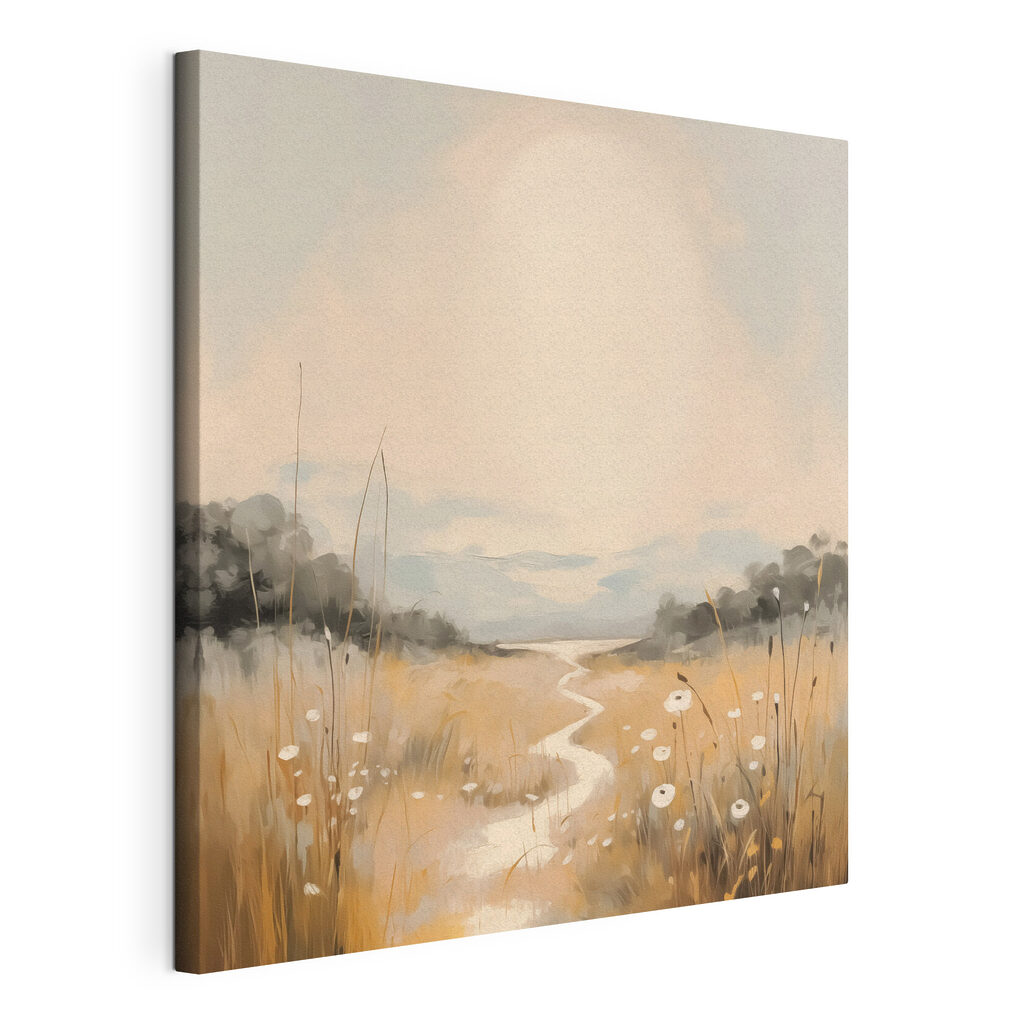 Painting of a river running through a field