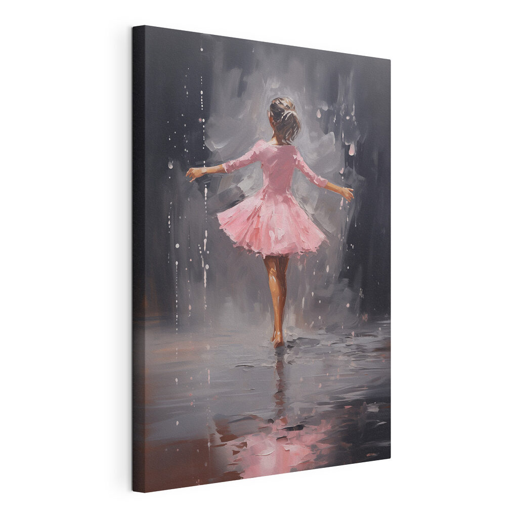 Painting of a girl in a pink dress dancing in the rain Painting of a girl in a pink dress dancing in the rain