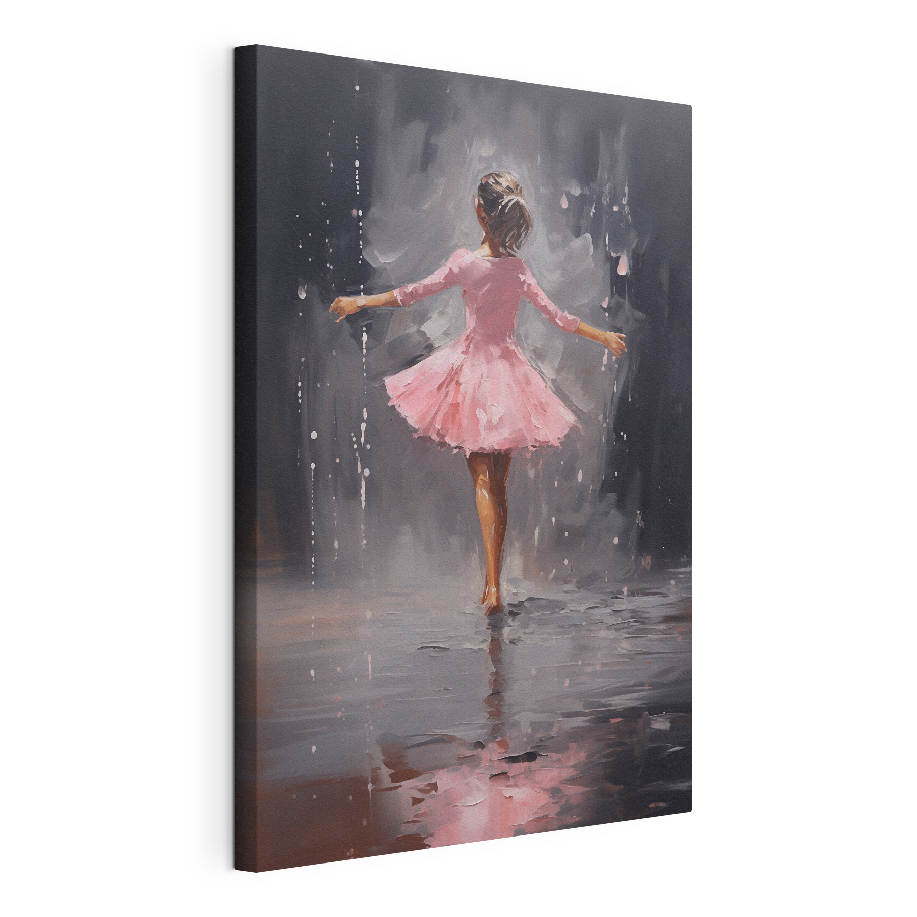Painting of a girl in a pink dress dancing in the rain Painting of a girl in a pink dress dancing in the rain