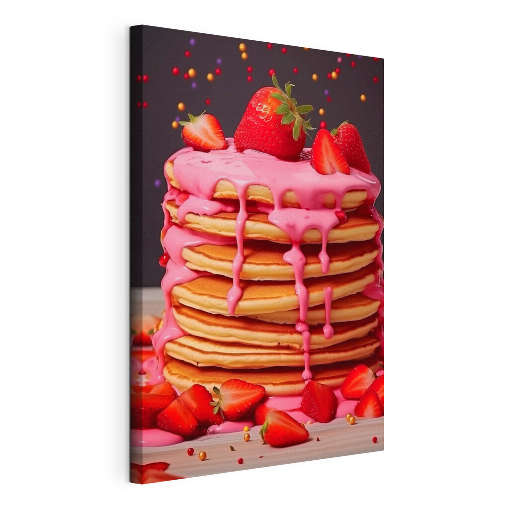 Stack of pancakes with pink frosting and strawberries Stack of pancakes with pink frosting and strawberries