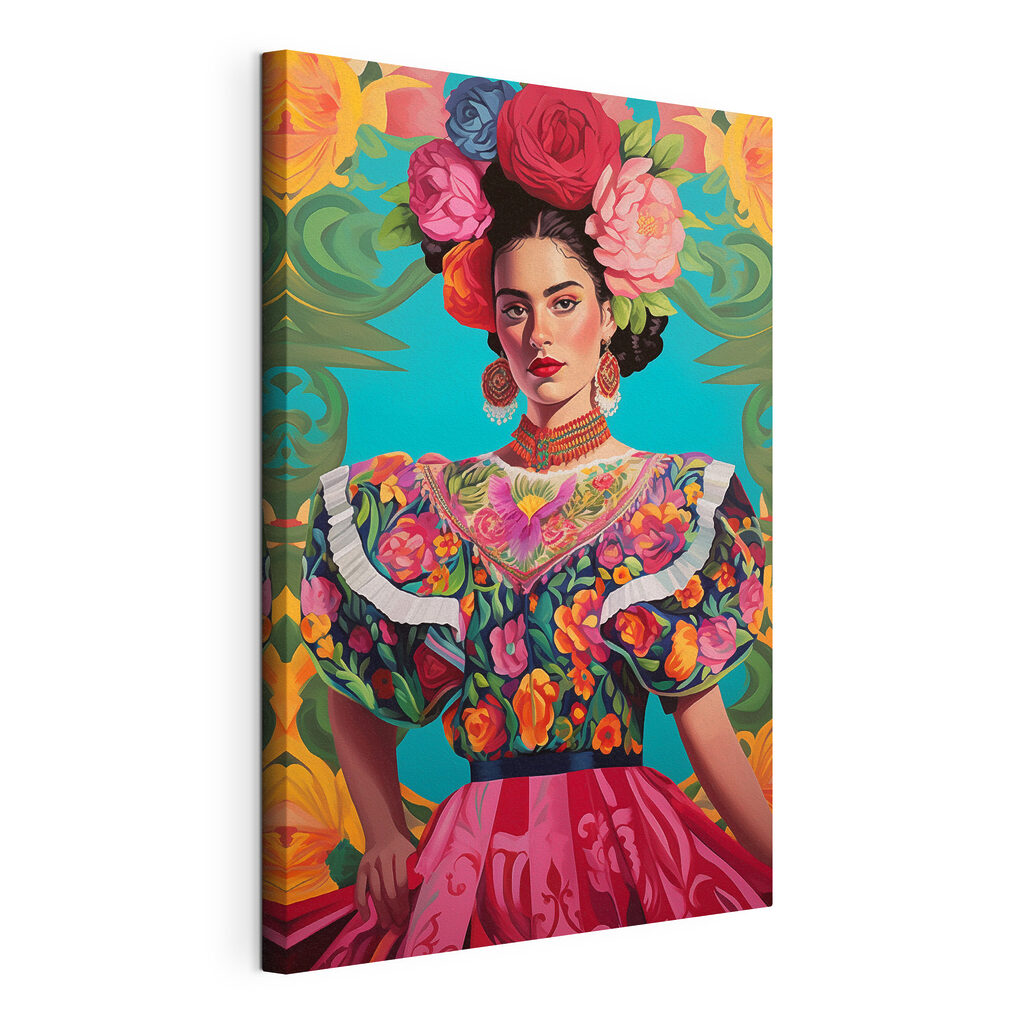 Woman wearing a colorful dress with flowers in her hair Woman wearing a colorful dress with flowers in her hair