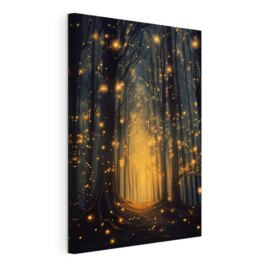 Path through a forest with many trees with lights