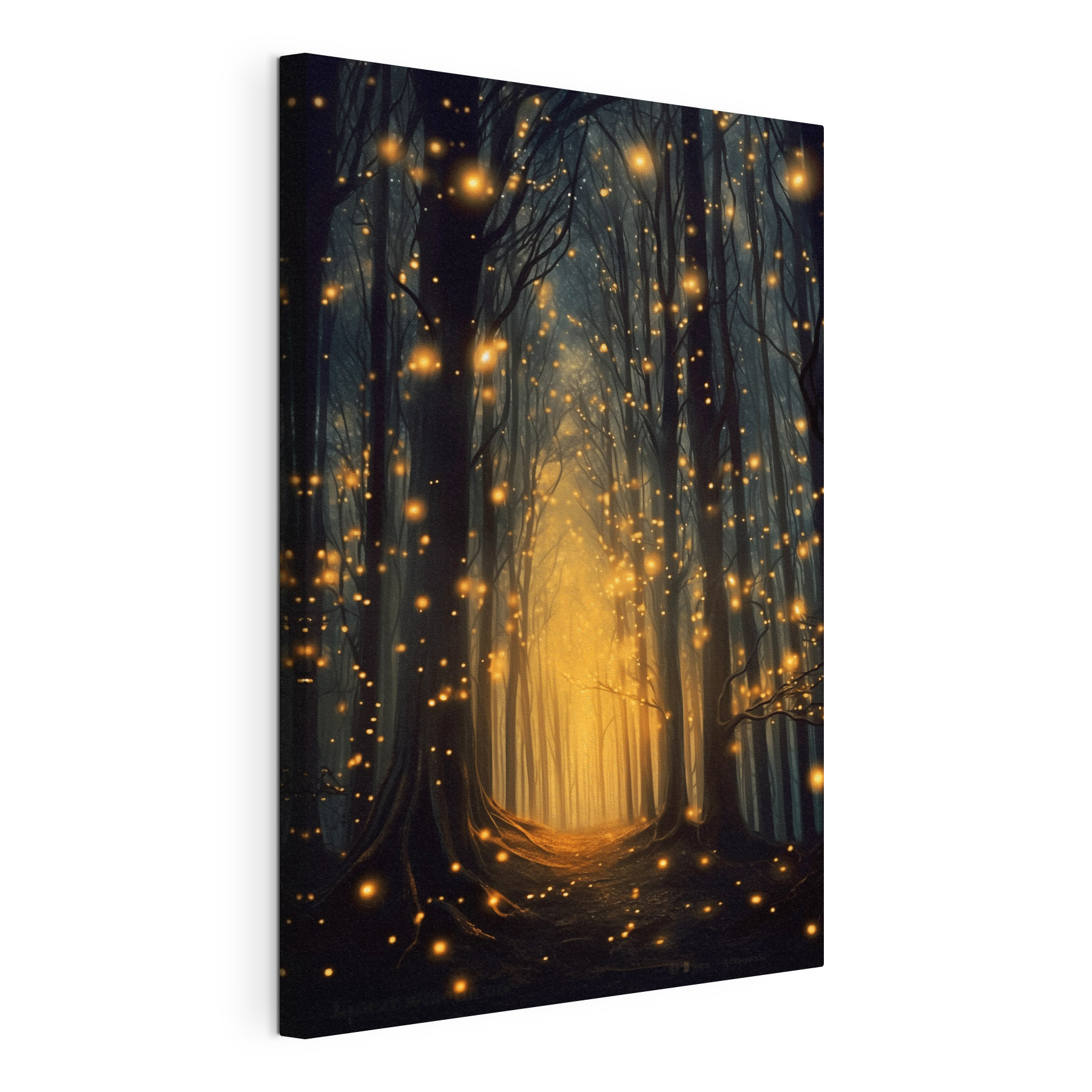 Path through a forest with many trees with lights