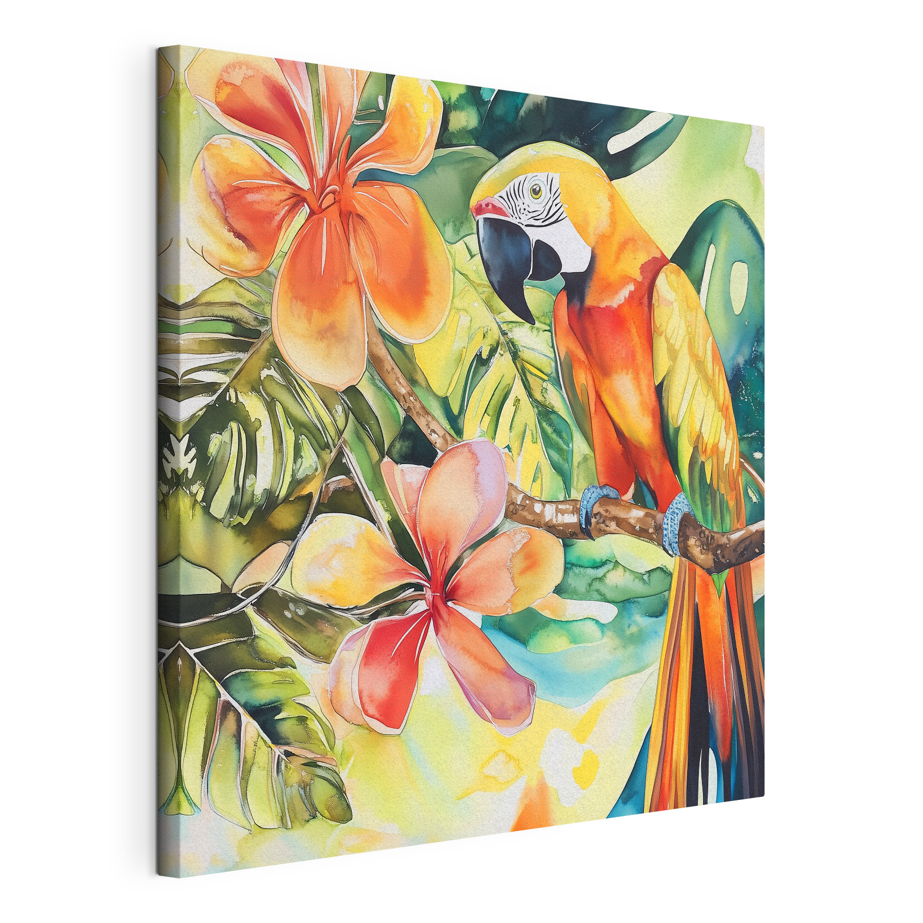 Painting of a parrot on a branch with flowers