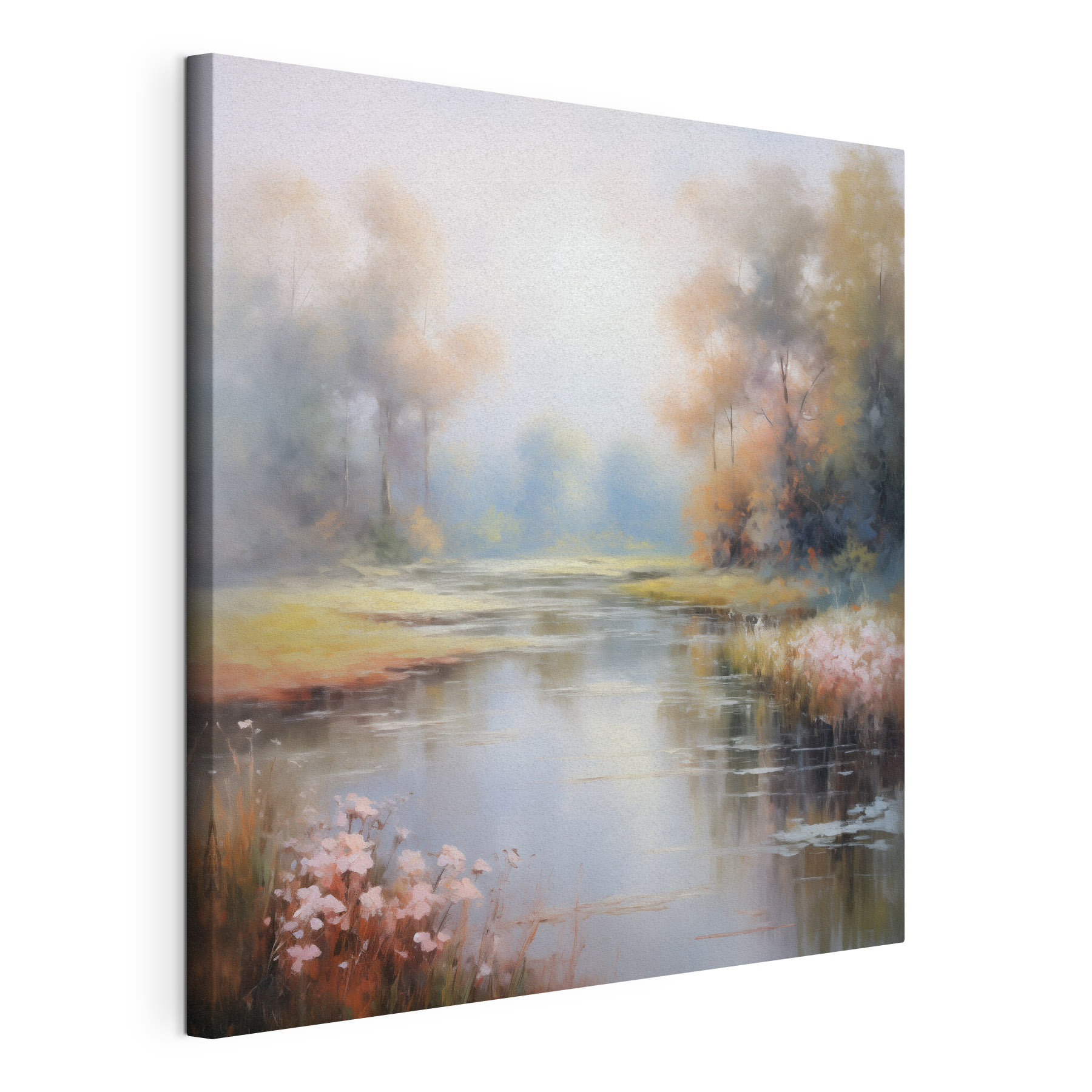 Painting of a river with trees and grass Painting of a river with trees and grass
