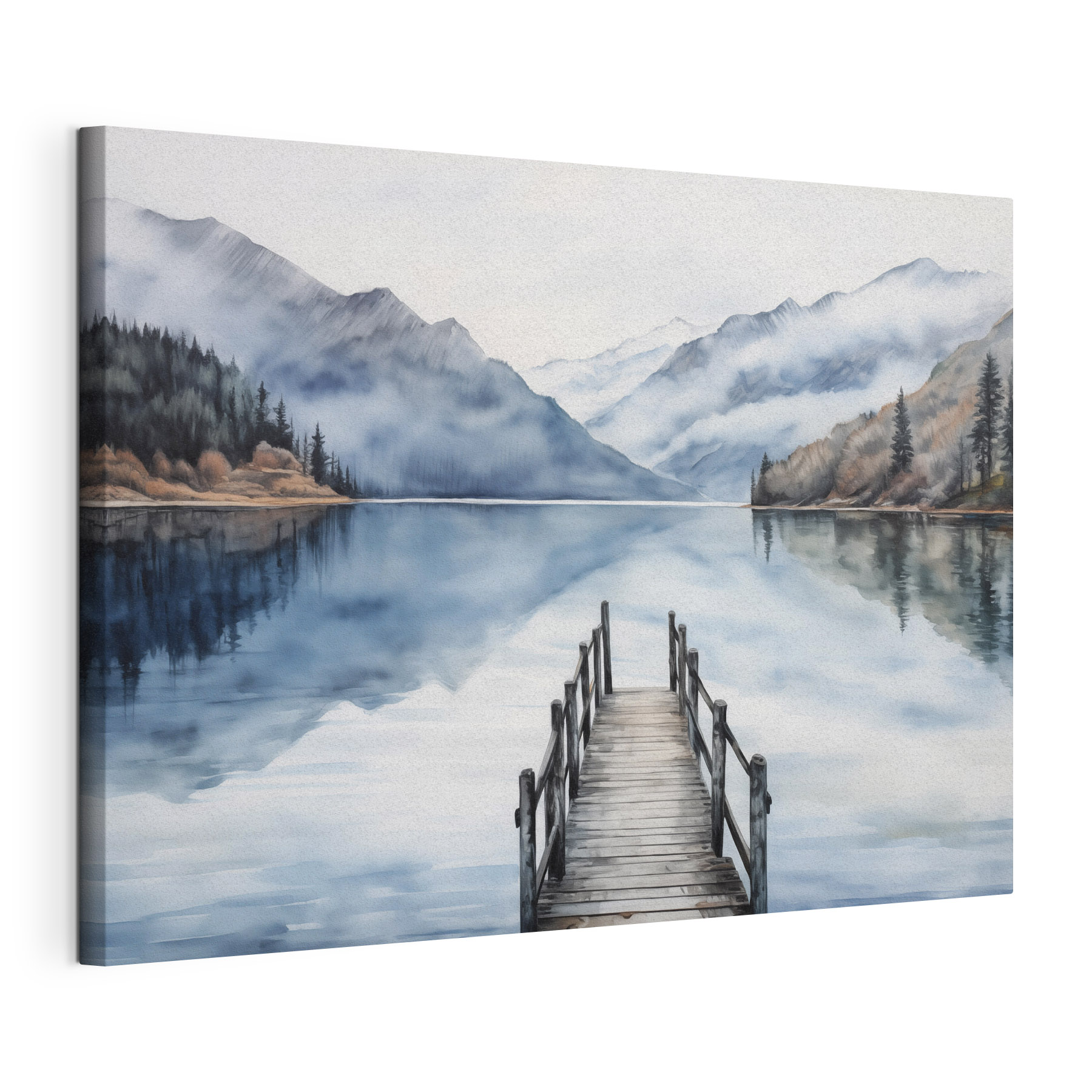 Watercolor of a dock on a lake with mountains in the background Watercolor of a dock on a lake with mountains in the background
