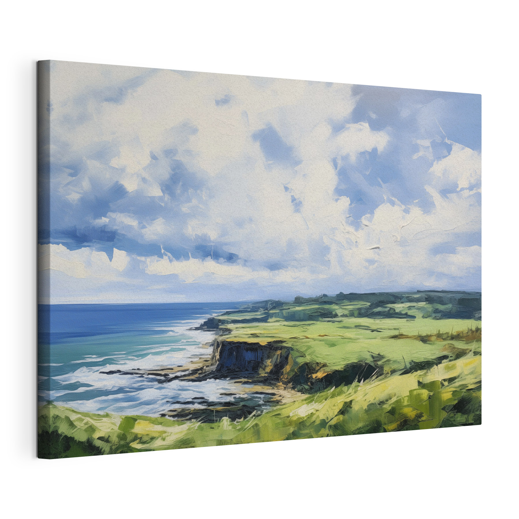Painting of a landscape with a cliff and water