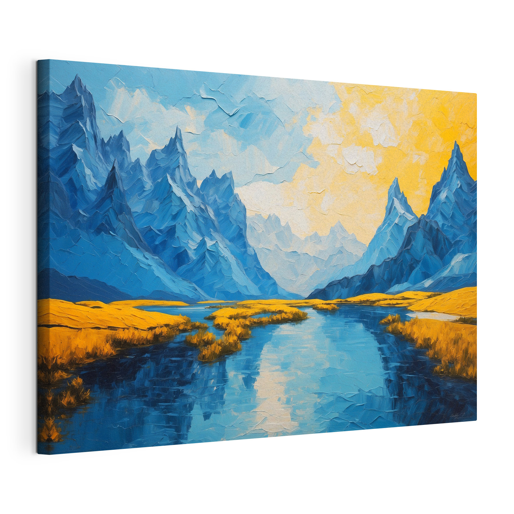 Painting of a river with mountains and grass Painting of a river with mountains and grass