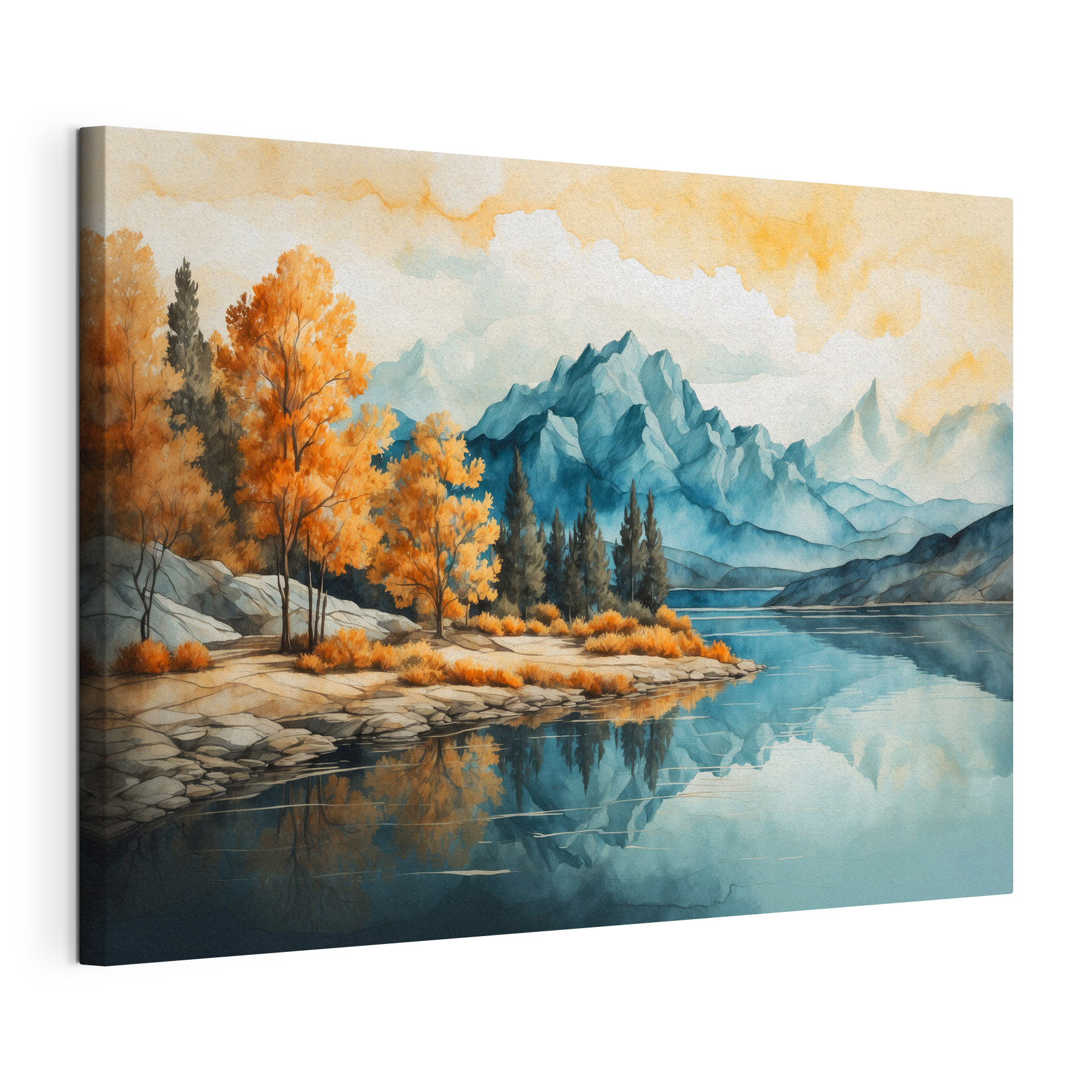 Watercolor painting of a lake with trees and mountains