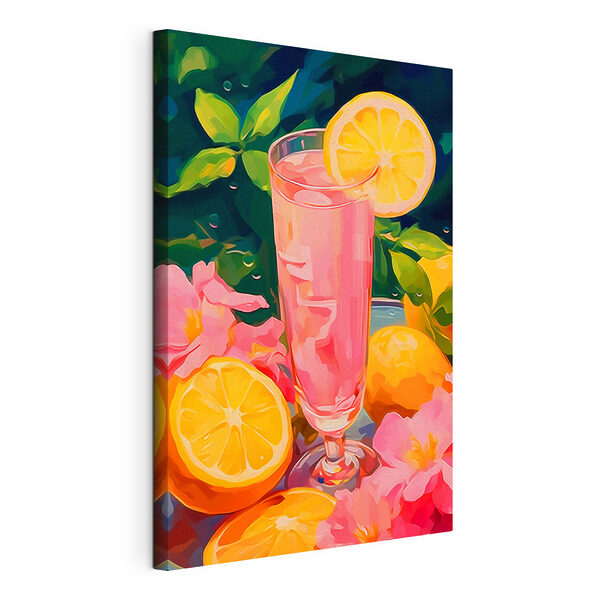 Vaso con un líquido rosado, limones y flores Cuadros Vaso con un líquido rosado, limones y flores