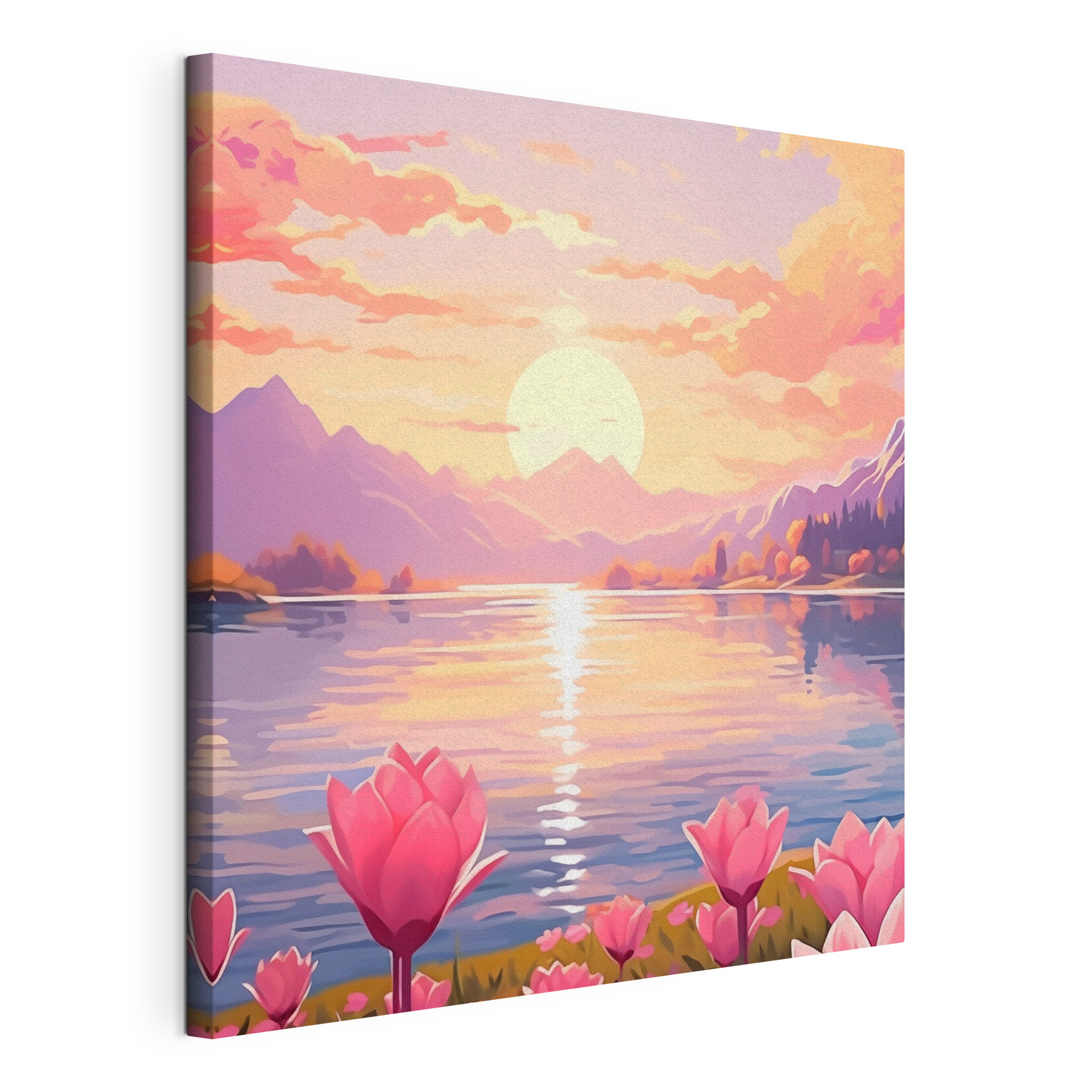 Pink flowers next to a lake