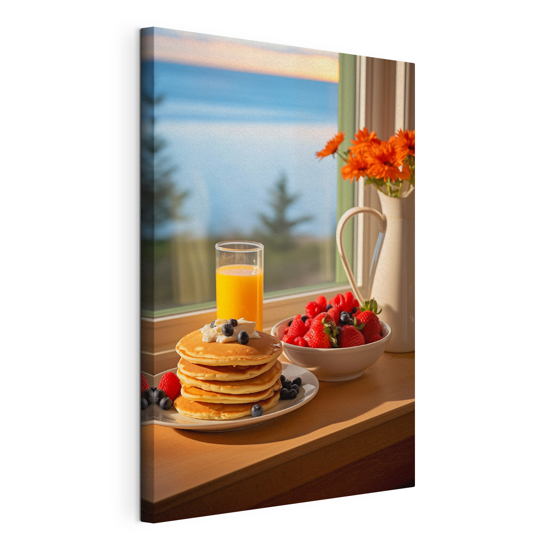 Stack of pancakes with berries and a glass of juice on a table