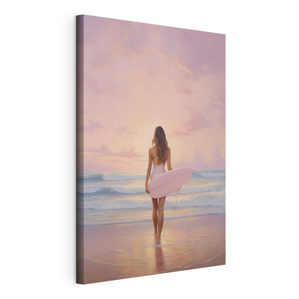 Cuadros Una mujer en bañador sosteniendo una tabla de surf en la playa (SKU: s43881) Cuadros Cuadros Una mujer en bañador sosteniendo una tabla de surf en la playa (SKU: s43881)