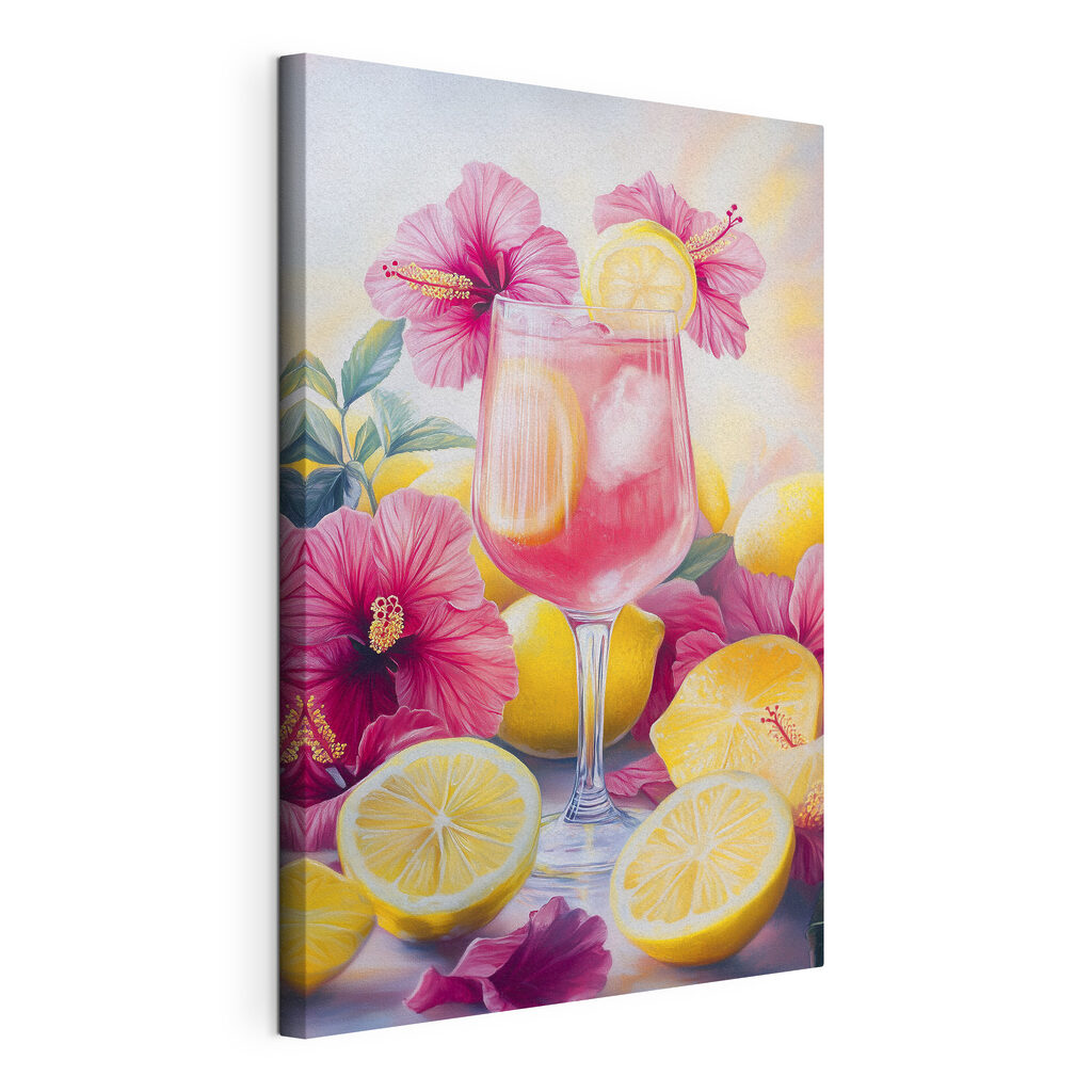Glass of pink drink with lemons and flowers