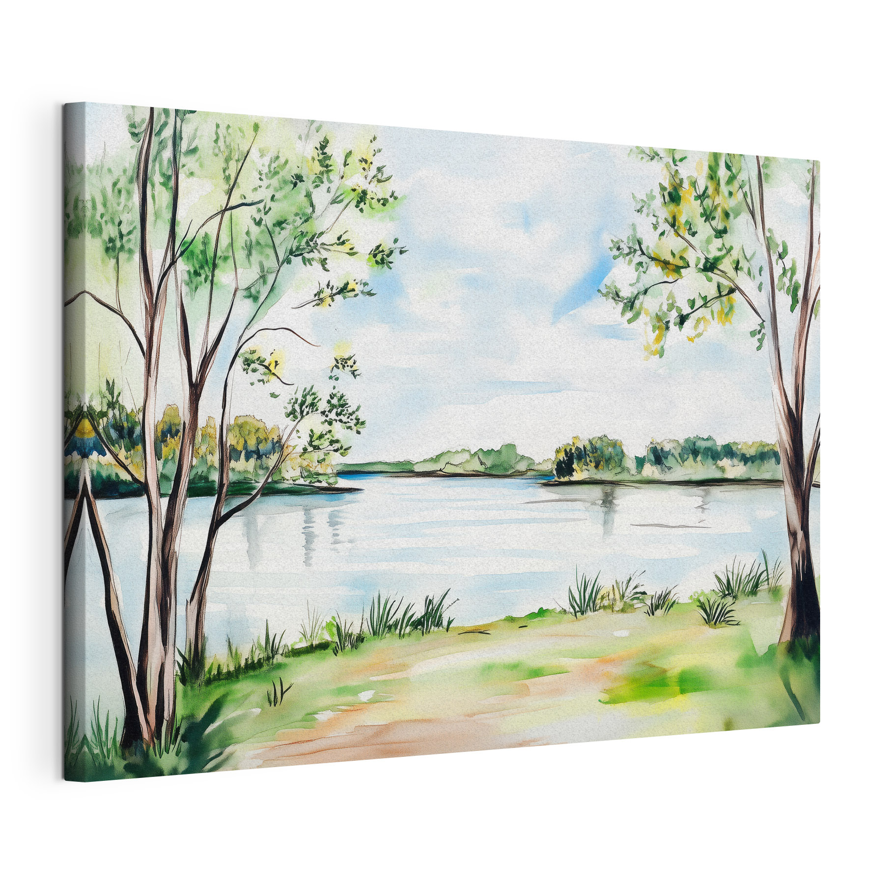 Watercolor of a lake with trees and grass Watercolor of a lake with trees and grass