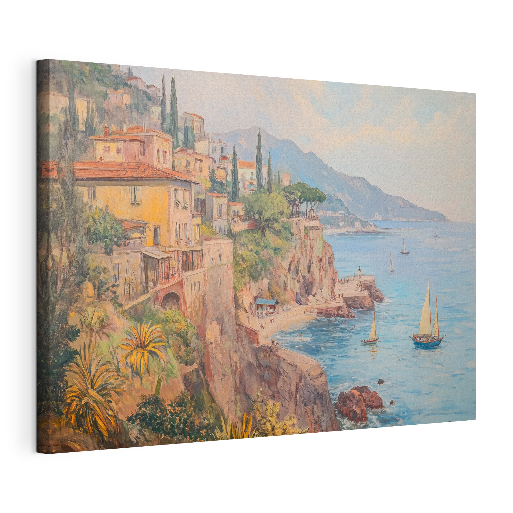 Painting of a town on a cliff by the water