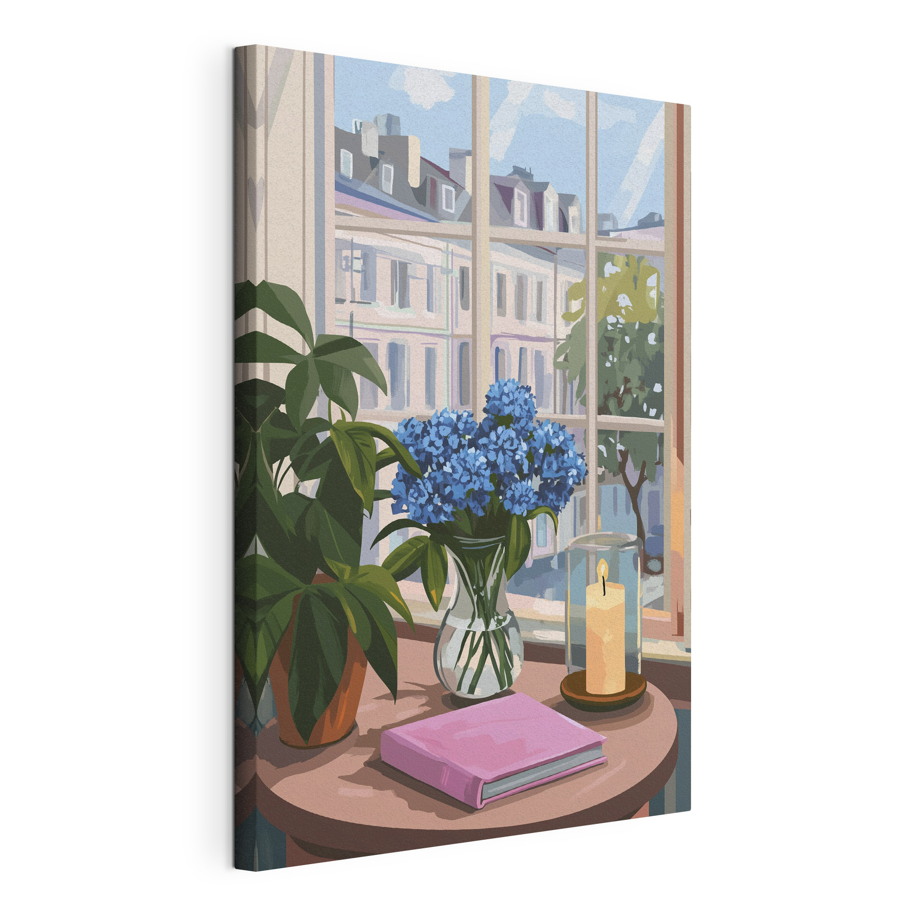 Vase of flowers and a candle in front of a window Vase of flowers and a candle in front of a window