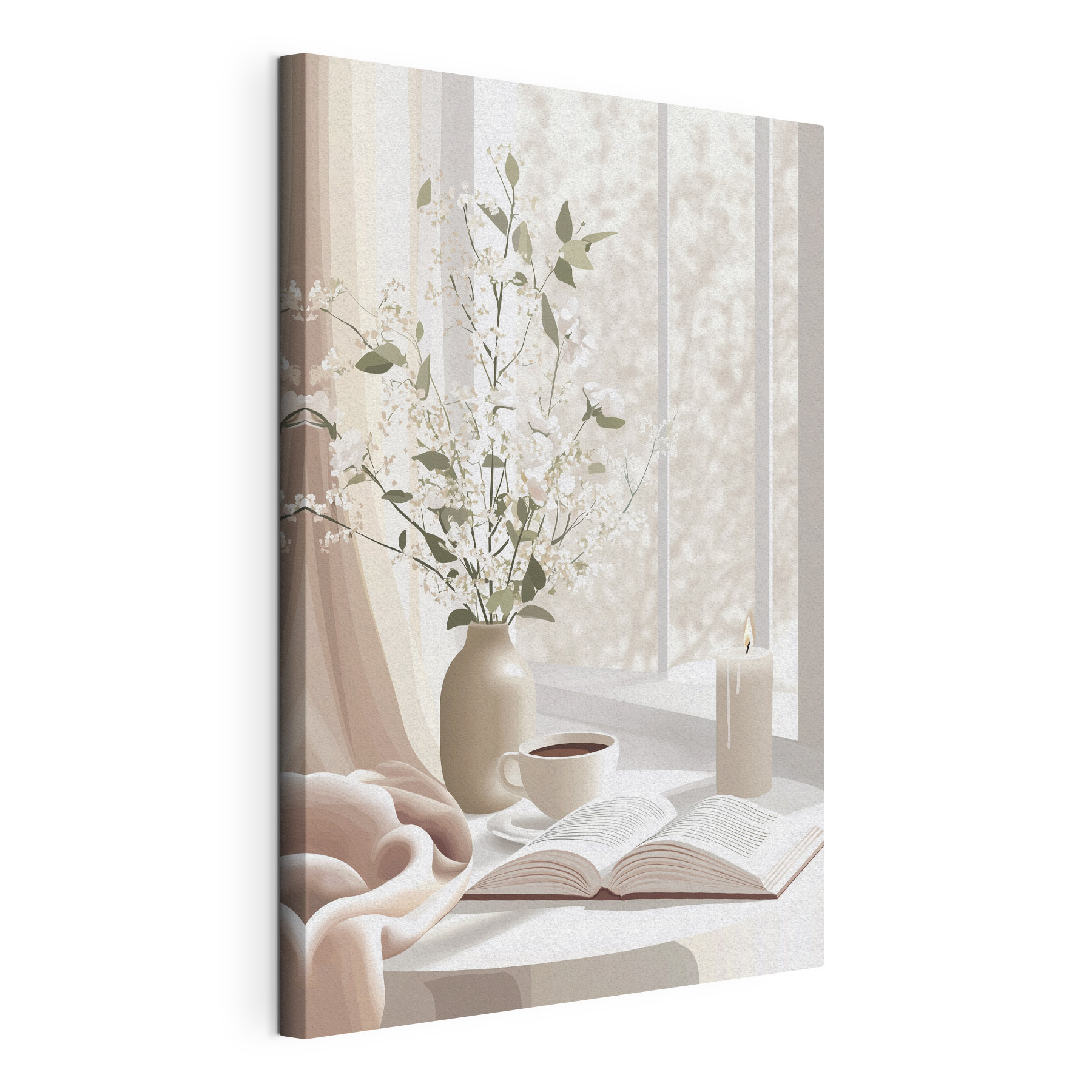 Cup of coffee and a vase of flowers on a window sill Cup of coffee and a vase of flowers on a window sill