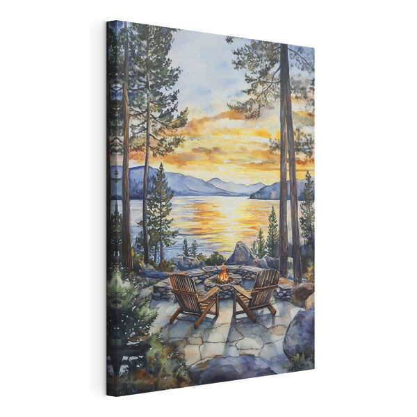 Cuadros Acuarela de unas sillas alrededor de una hoguera con vistas al lago (SKU: s44018) Cuadros Cuadros Acuarela de unas sillas alrededor de una hoguera con vistas al lago (SKU: s44018)