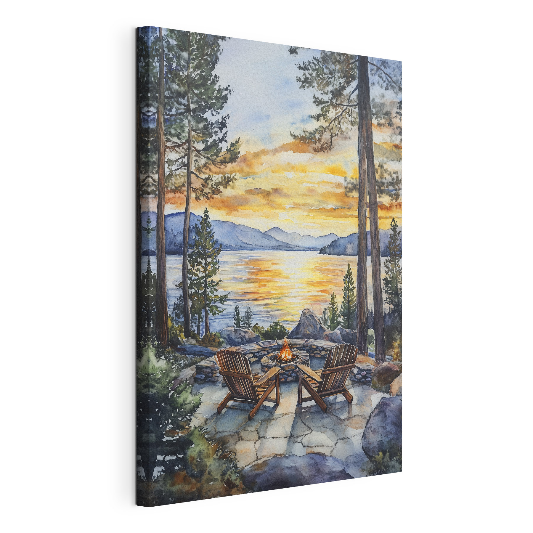 Watercolor painting of chairs around a fire pit overlooking a lake