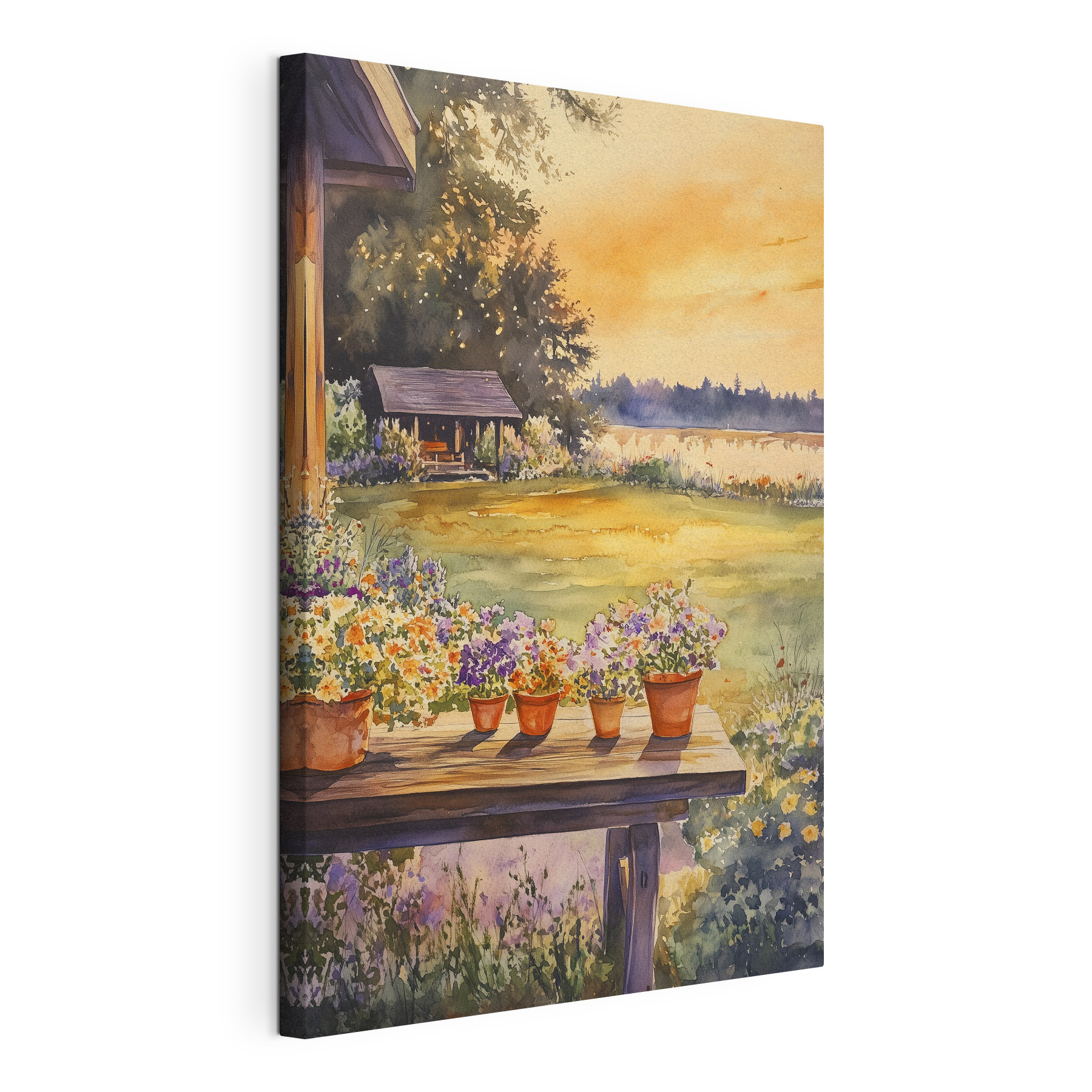Watercolor painting of a porch with potted flowers on a table Watercolor painting of a porch with potted flowers on a table