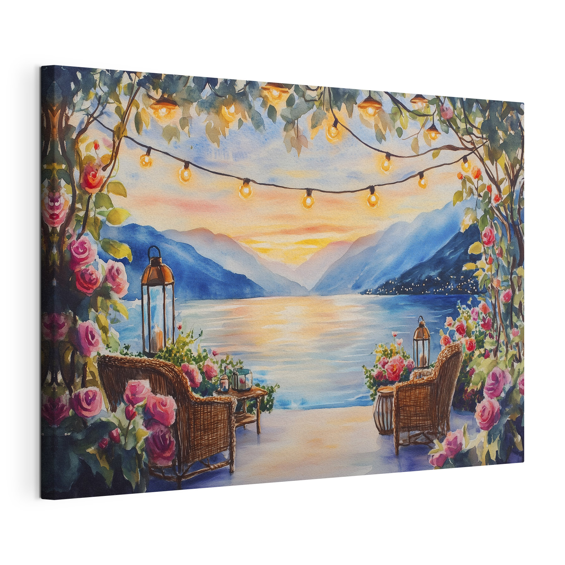 Watercolor painting of a deck with chairs and flowers and lights from a string