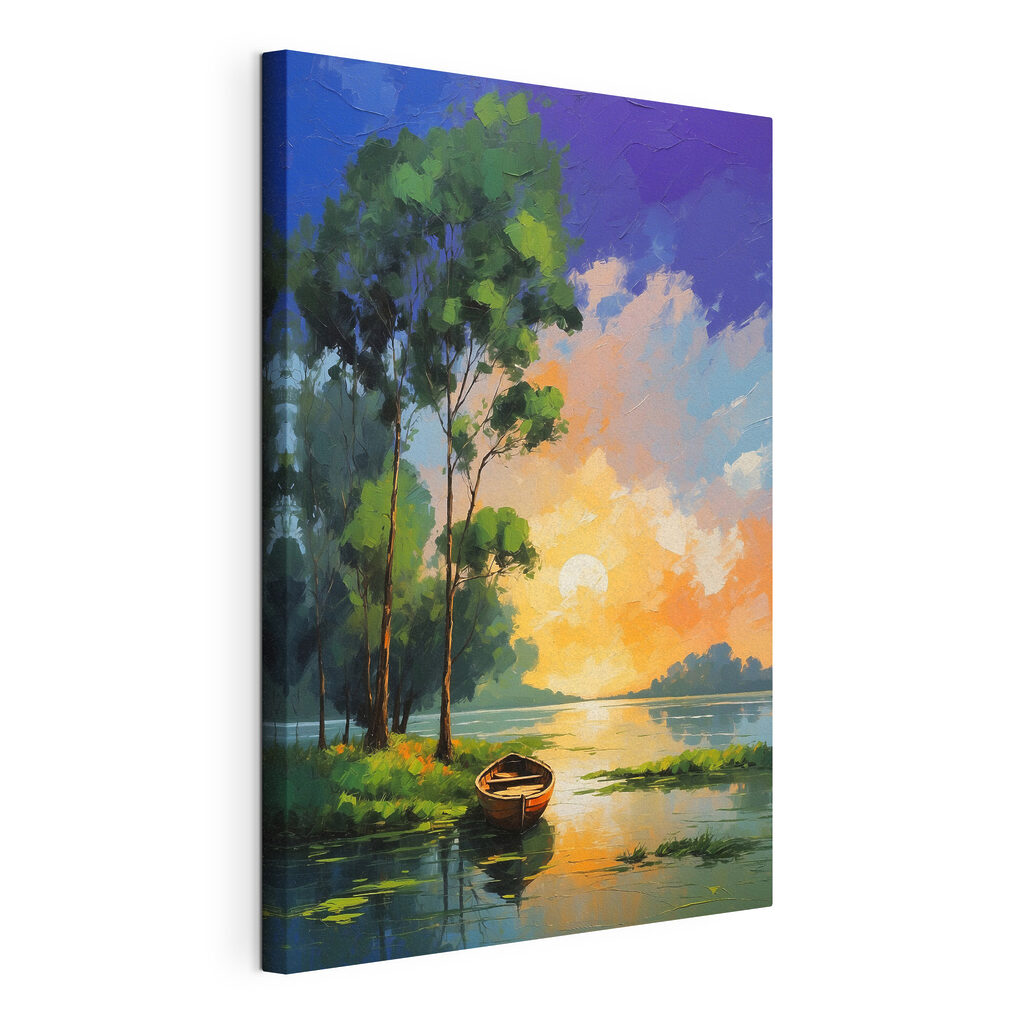 Painting of a boat on a lake Painting of a boat on a lake