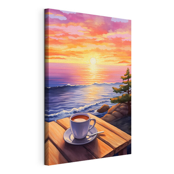 Cuadros Una taza de café sobre una mesa con vistas a un cuerpo de agua (SKU: s44105) Cuadros Cuadros Una taza de café sobre una mesa con vistas a un cuerpo de agua (SKU: s44105)