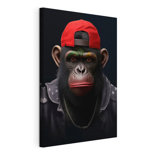 Chimpancé con un gorro y una chaqueta rojos Cuadros Chimpancé con un gorro y una chaqueta rojos