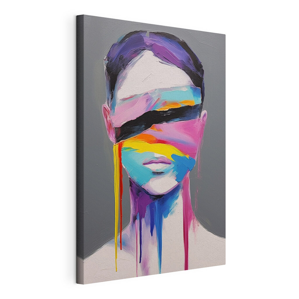 Painting of a woman with colorful paint on her face