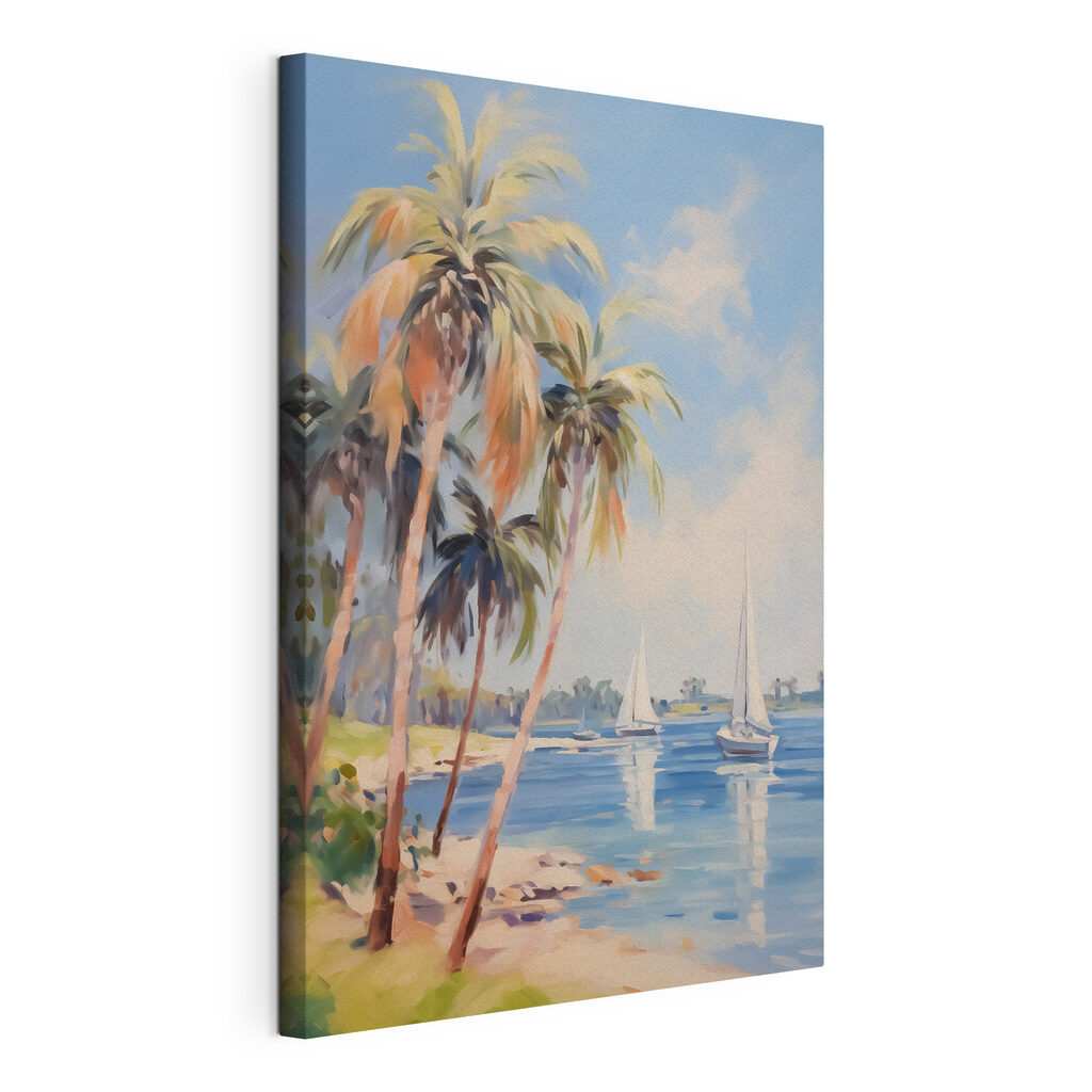 Painting of a beach with palm trees and boats Painting of a beach with palm trees and boats